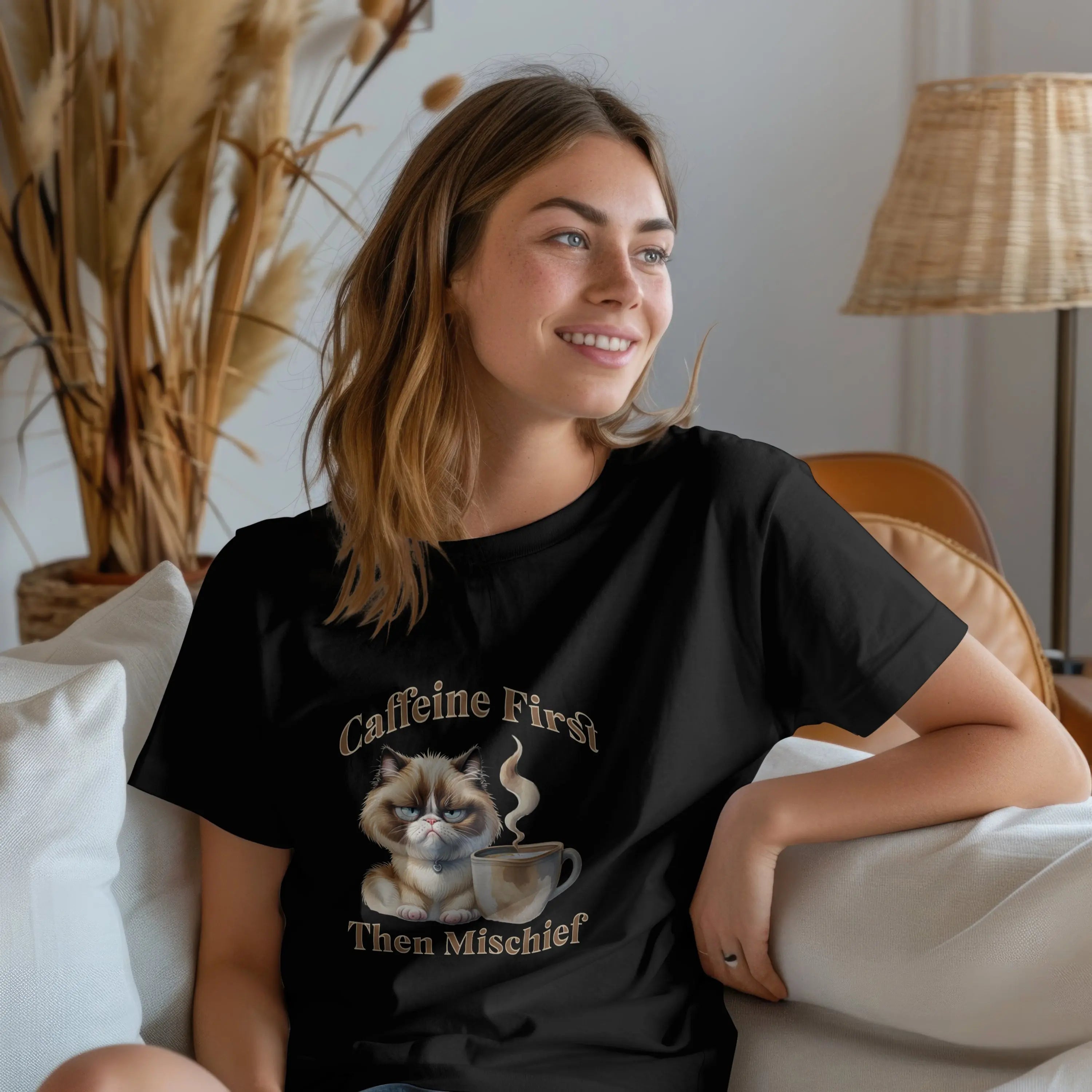 Caffeine First - Then Mischief Tee, Cat Coffee Tee, Cat Mischief T-shirt Printify