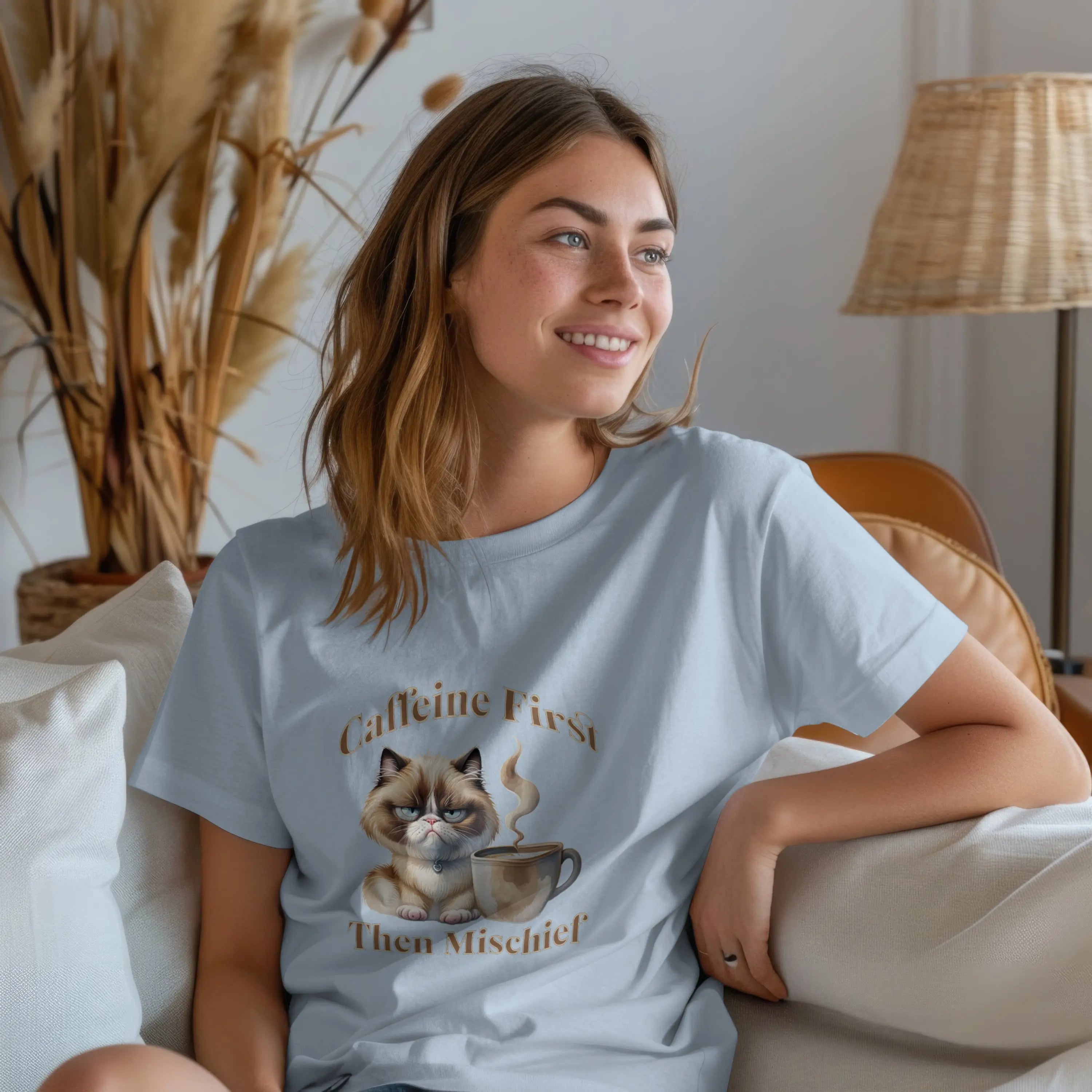 Caffeine First - Then Mischief Tee, Cat Coffee Tee, Cat Mischief T-shirt Printify