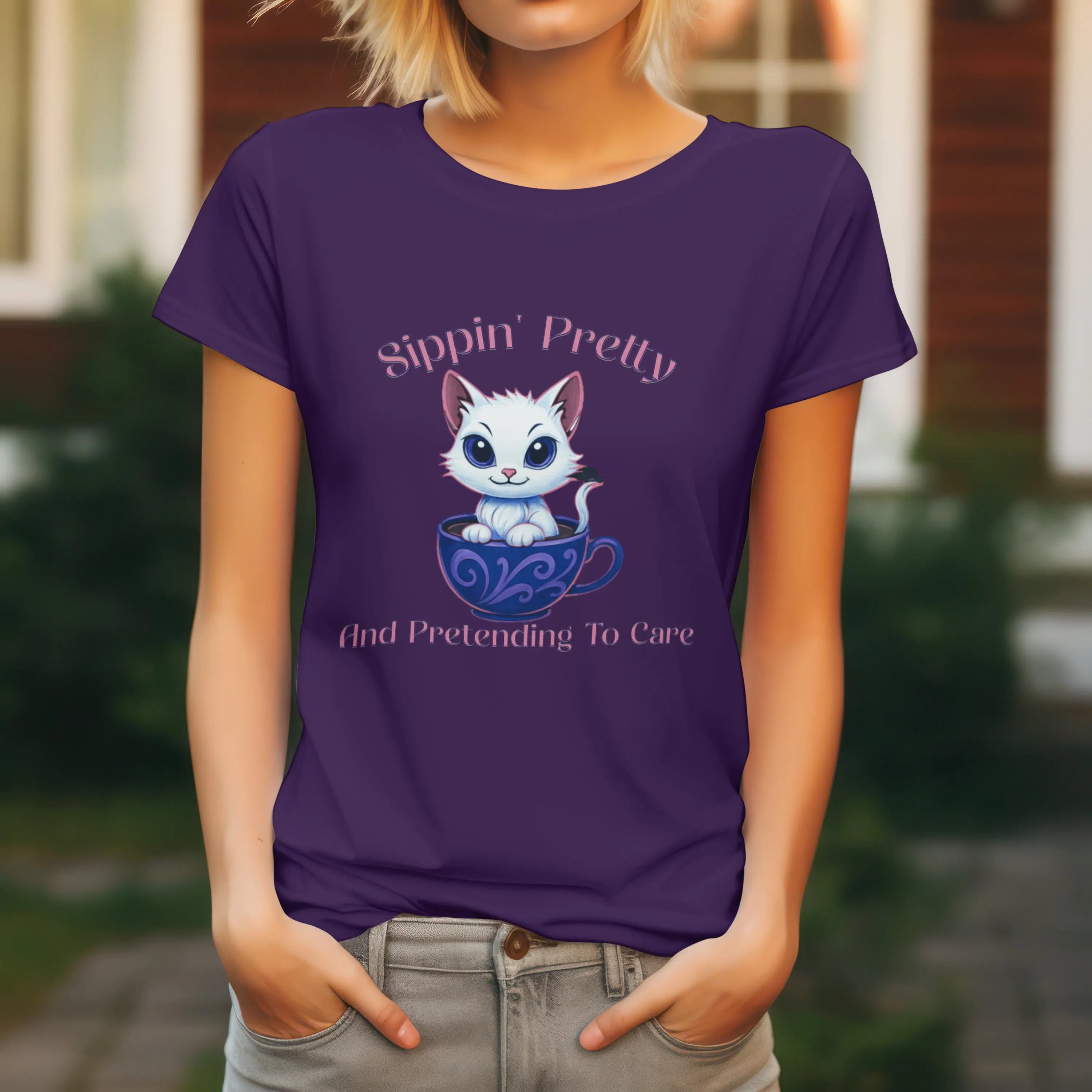 Sippin Pretty T-Shirt - Cute Kitten in Coffee Cup Saying Printify