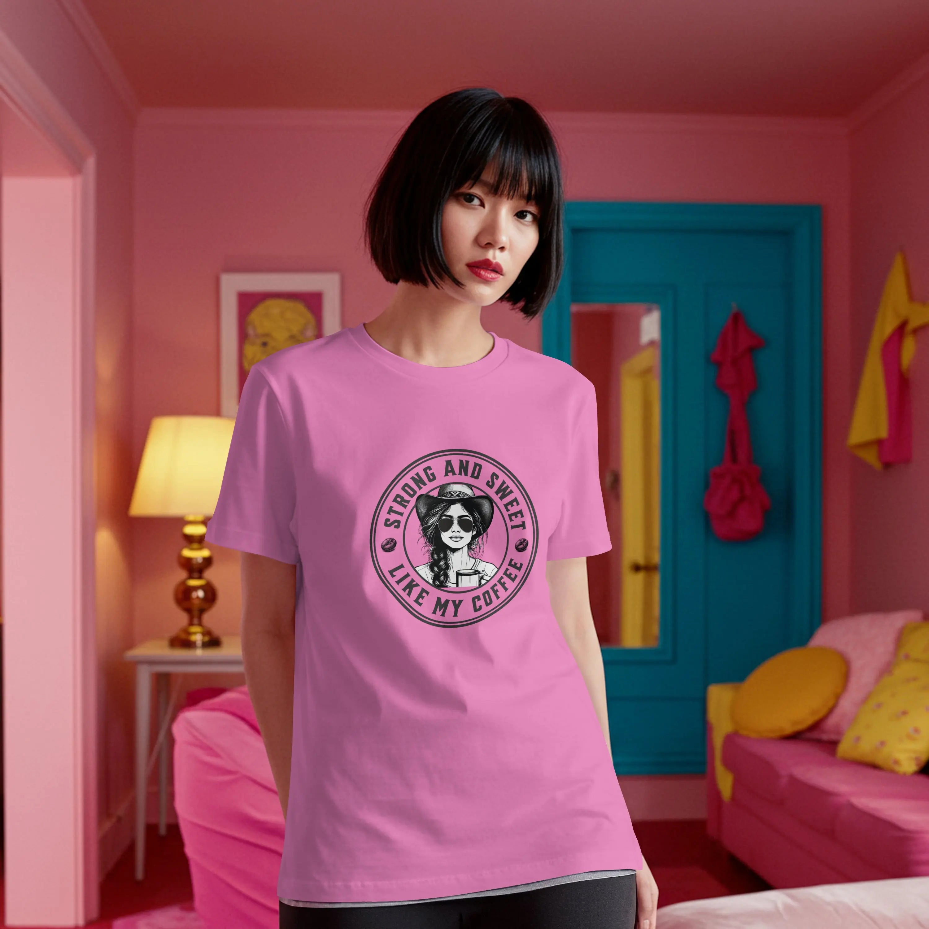 Strong And Sweet Tshirt - Cowgirl Drinking Coffee Like My Coffee Design Printify