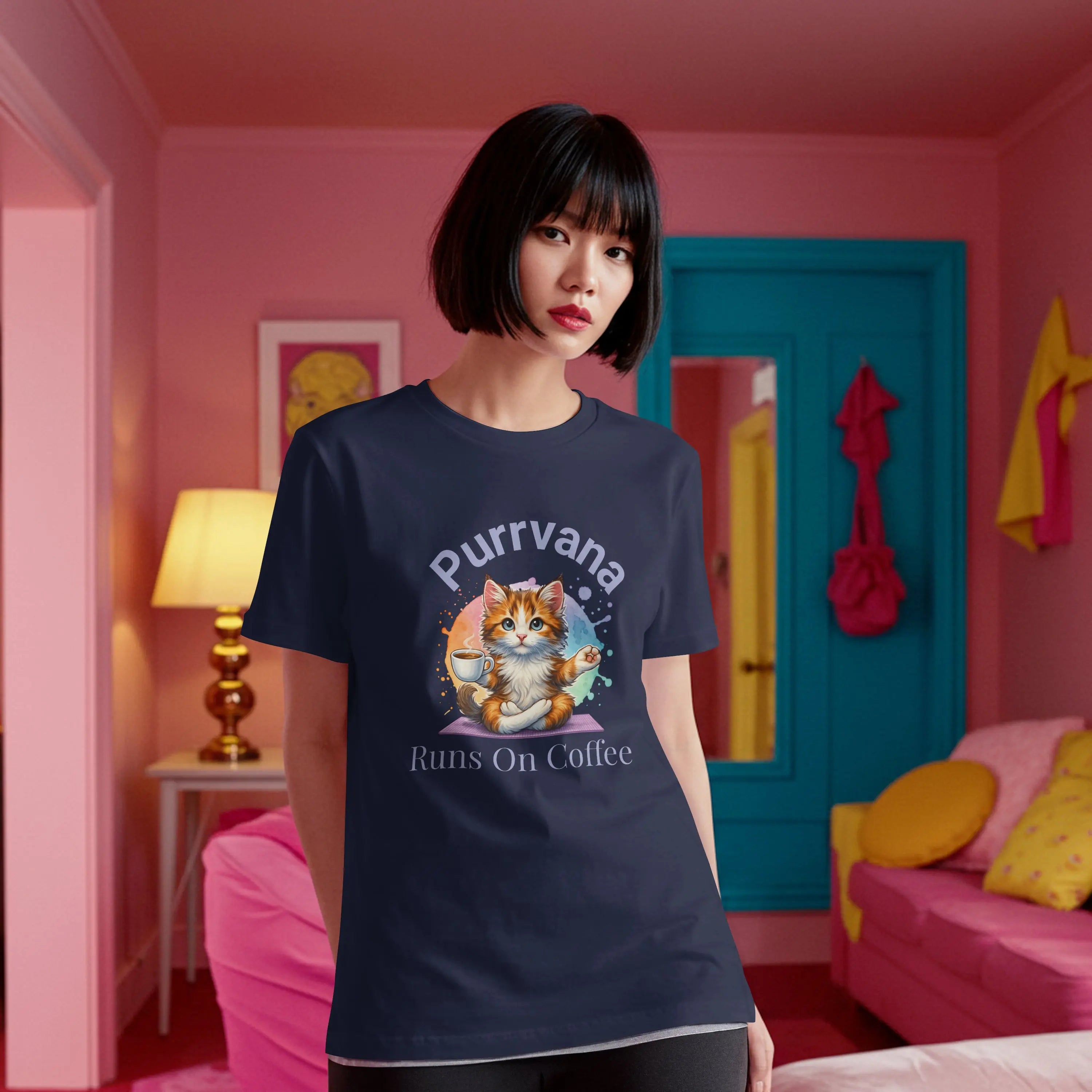 Purrvana T-Shirt – Funny Cat Lover Gift for Coffee Addicts Printify