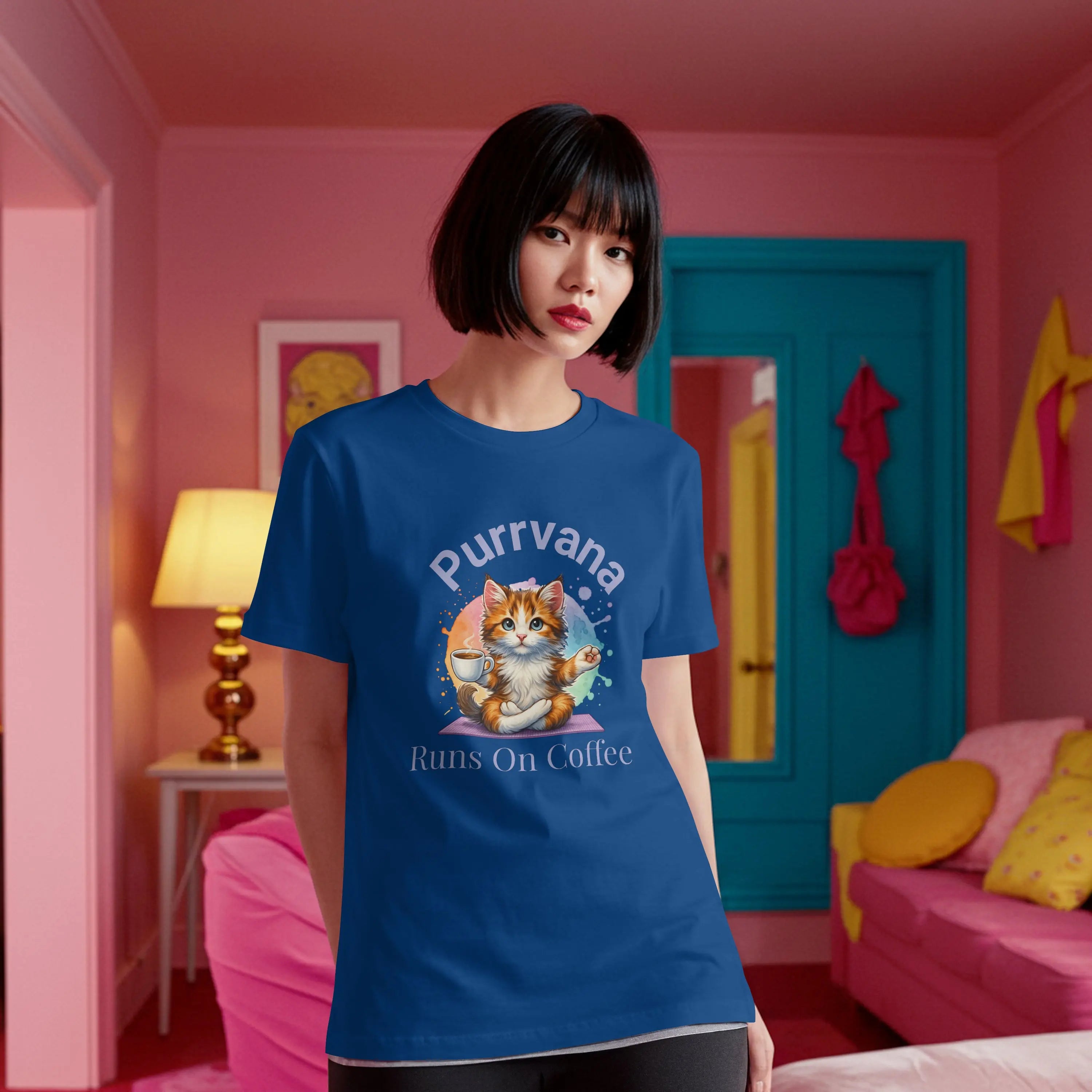 Purrvana T-Shirt – Funny Cat Lover Gift for Coffee Addicts Printify