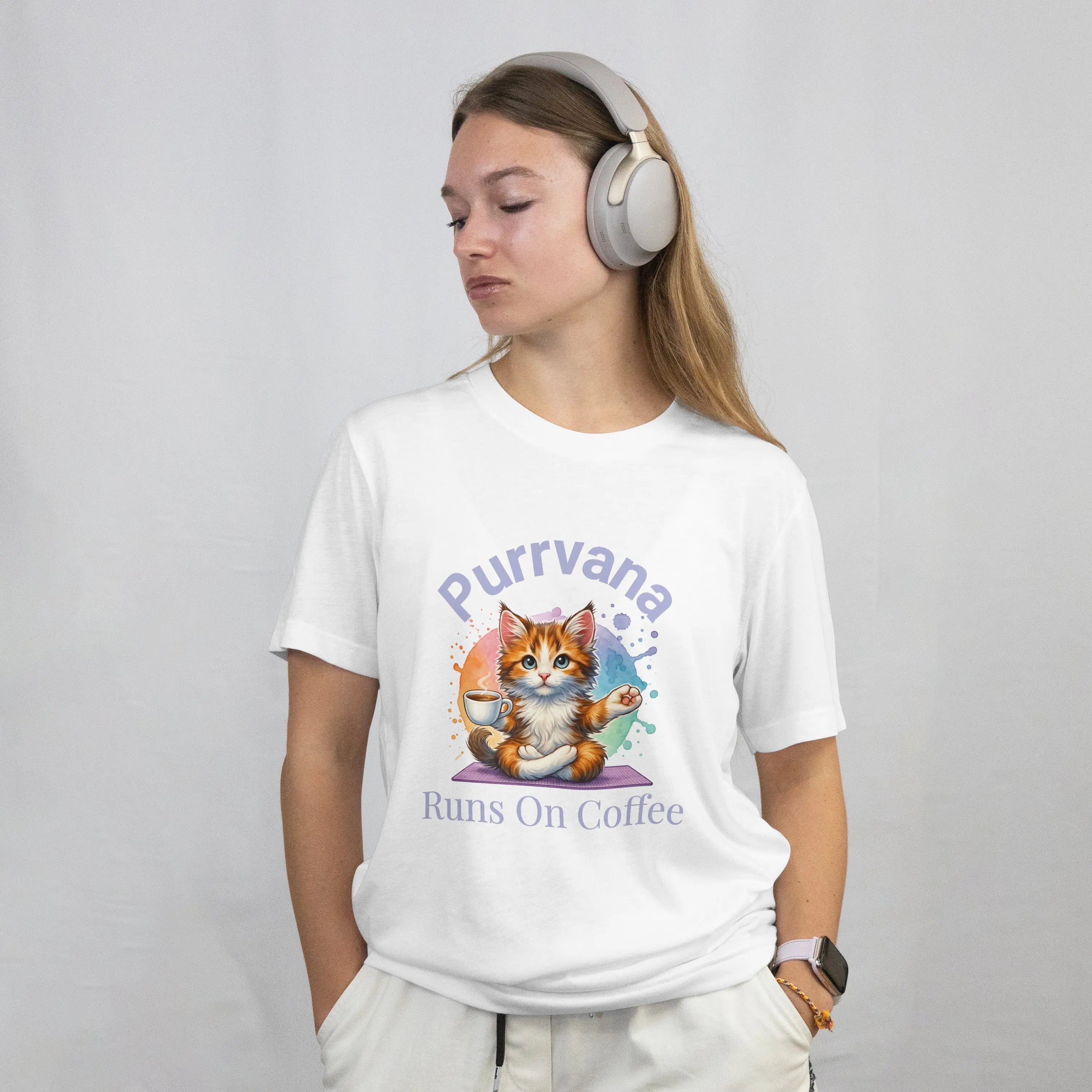 Purrvana T-Shirt – Funny Cat Lover Gift for Coffee Addicts Printify
