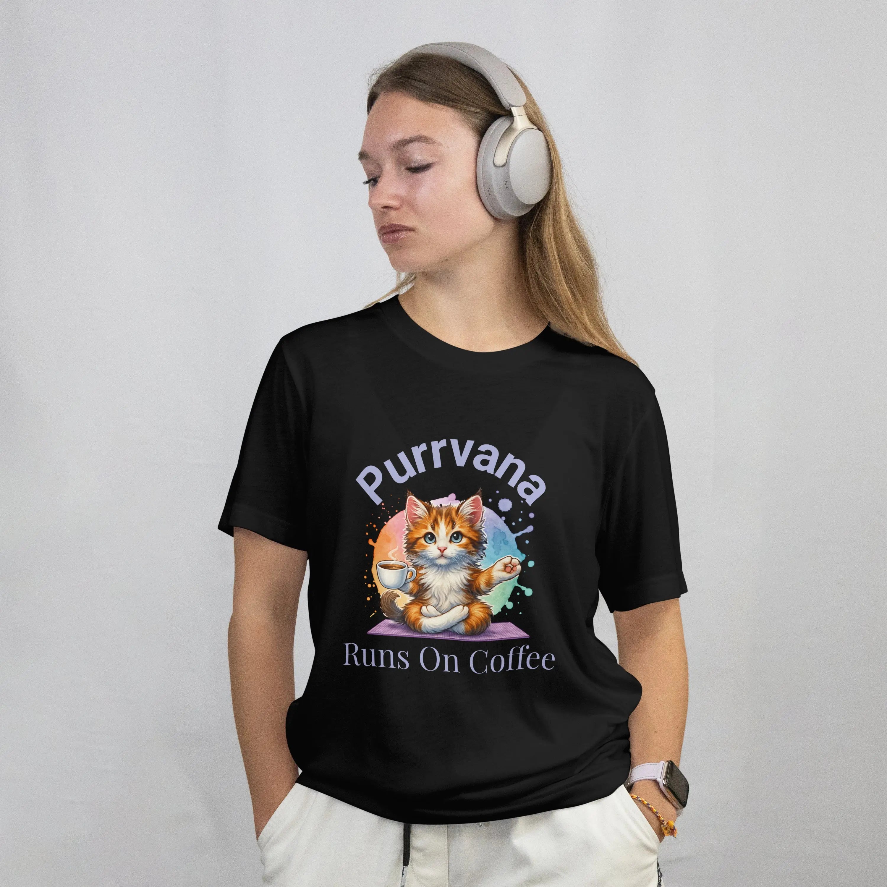 Purrvana T-Shirt – Funny Cat Lover Gift for Coffee Addicts Printify