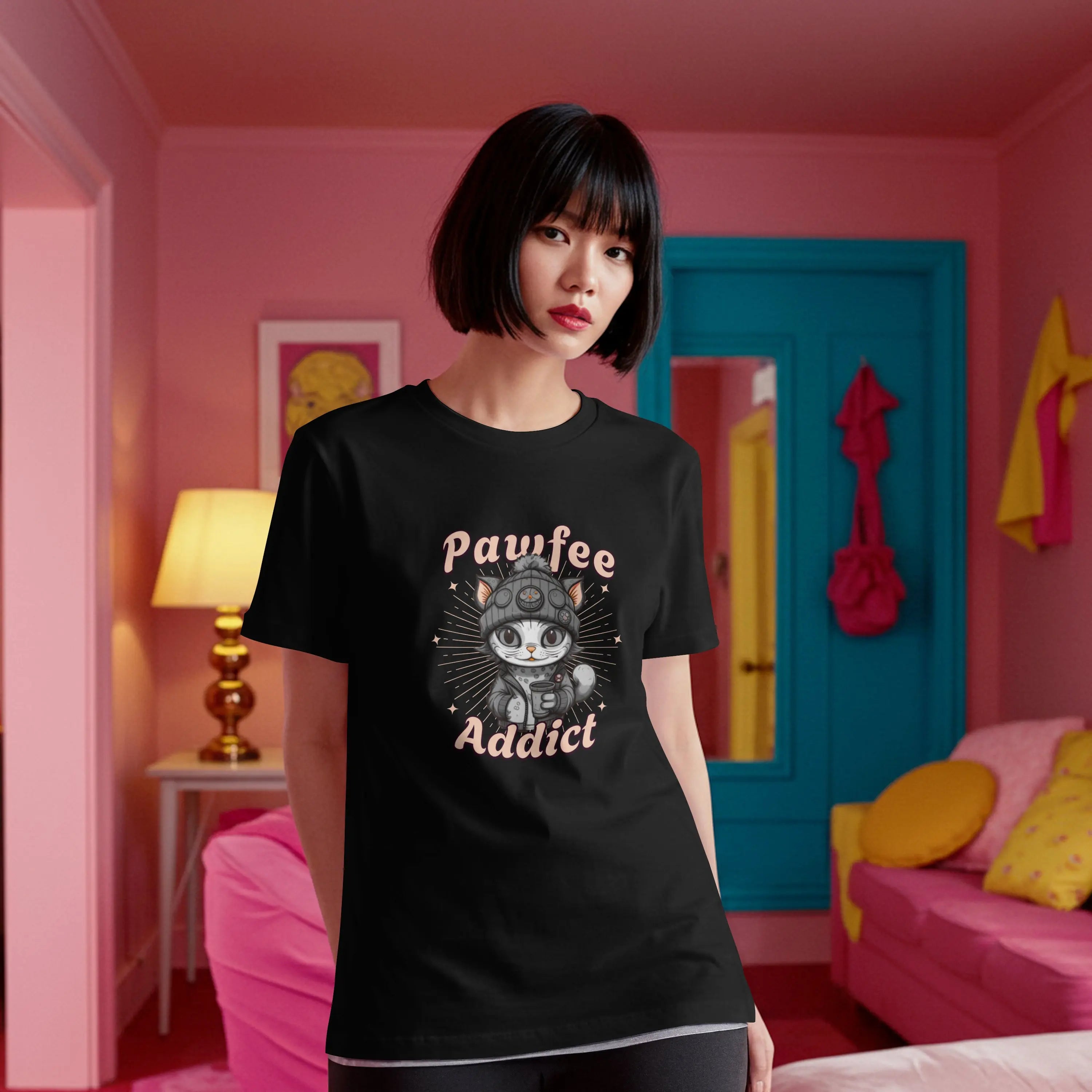 Pawfee Addict Tshirt- Cute Cat and Coffee T-Shirt Printify