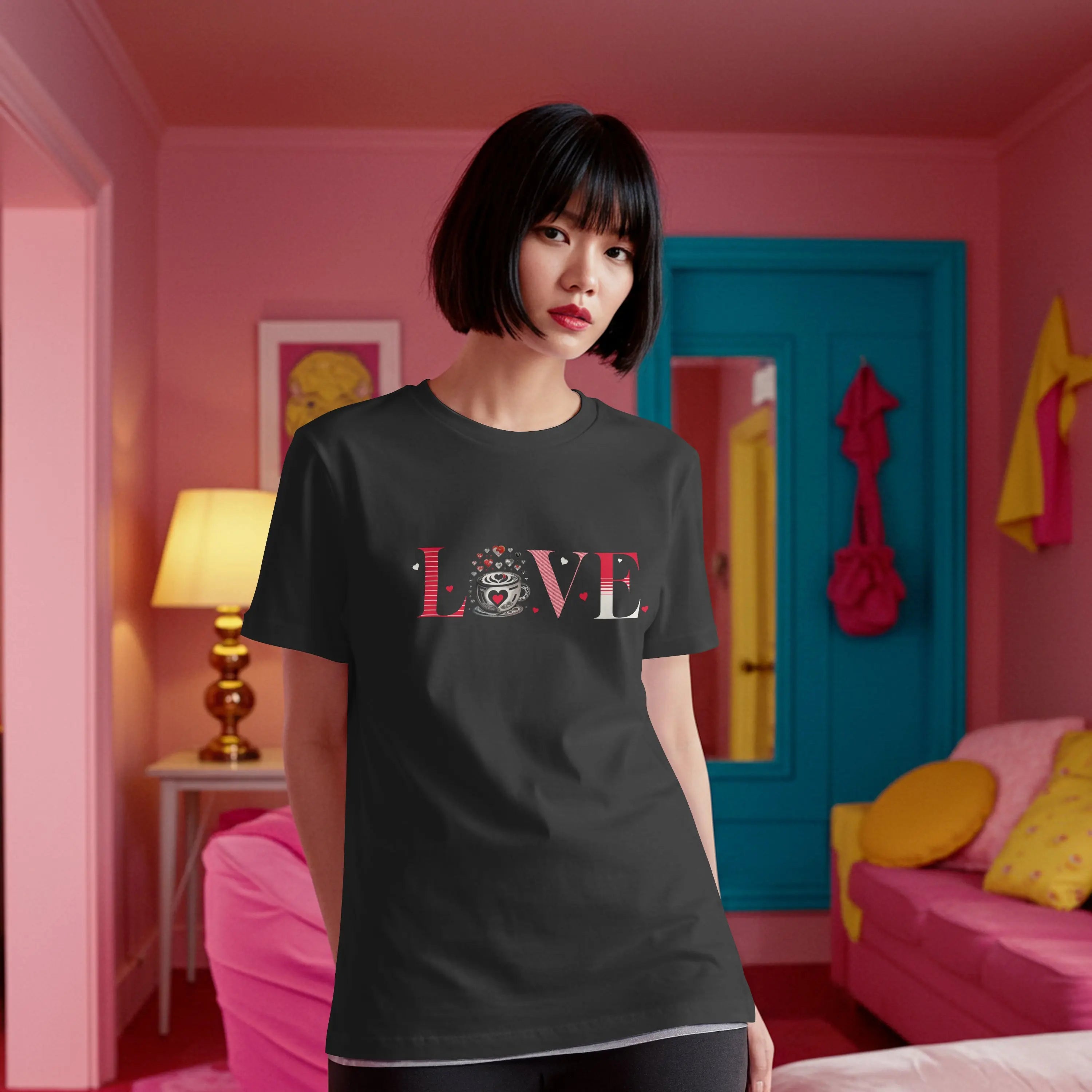 Coffee Love T-Shirt – “LOVE” with Coffee Cup Design Printify