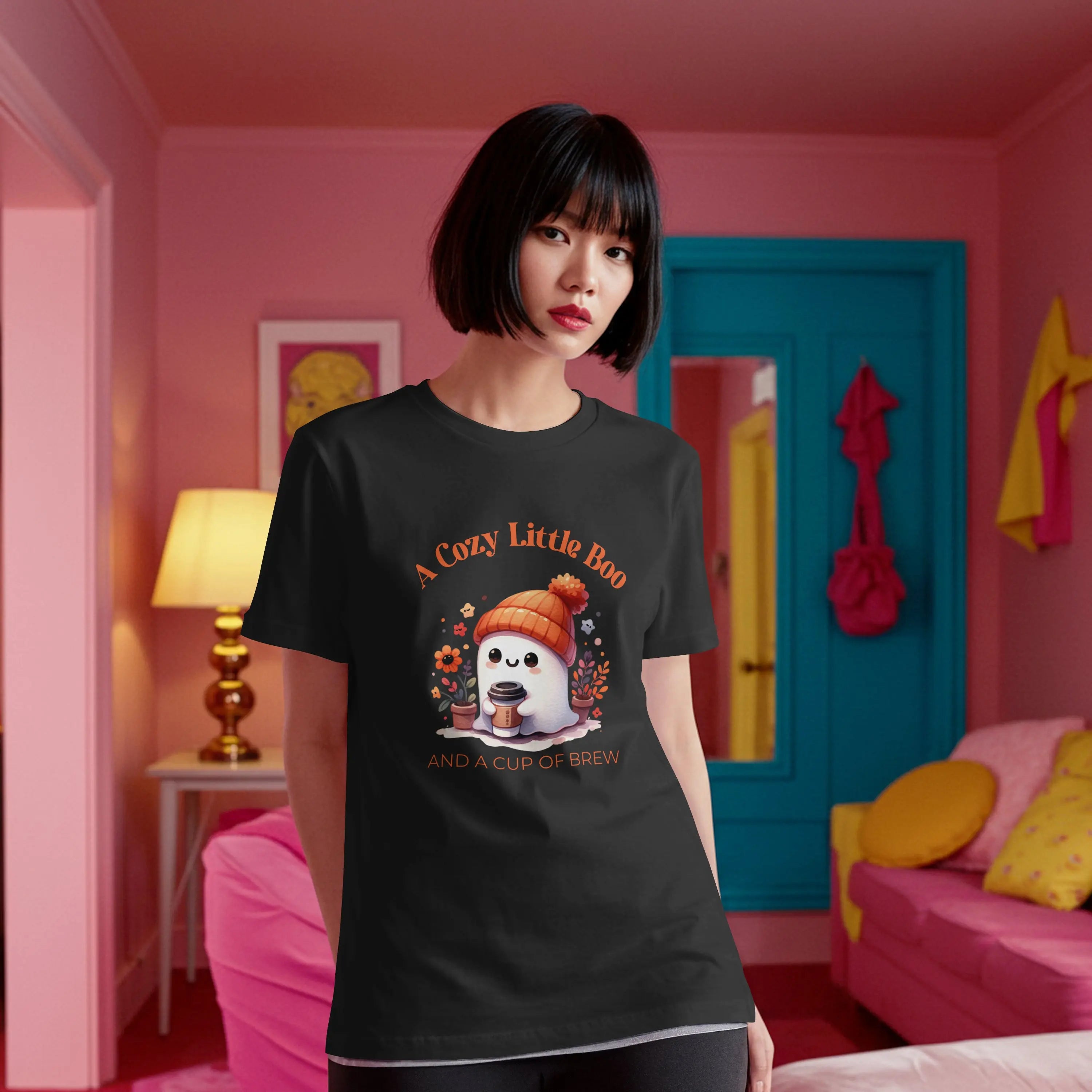 Cozy Little Boo T-Shirt – “A Cozy Little Boo and a Cup of Brew” Printify