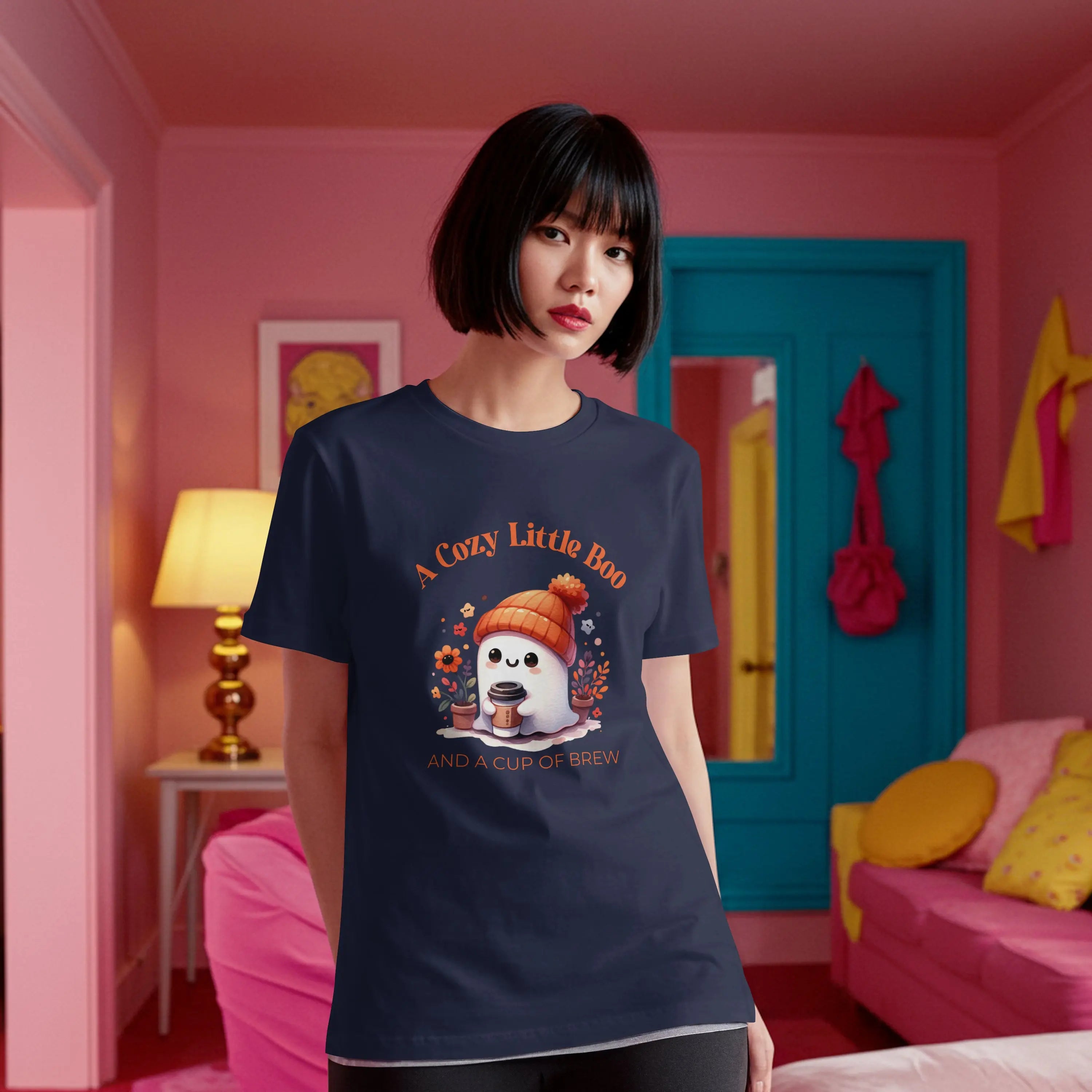 Cozy Little Boo T-Shirt – “A Cozy Little Boo and a Cup of Brew” Printify