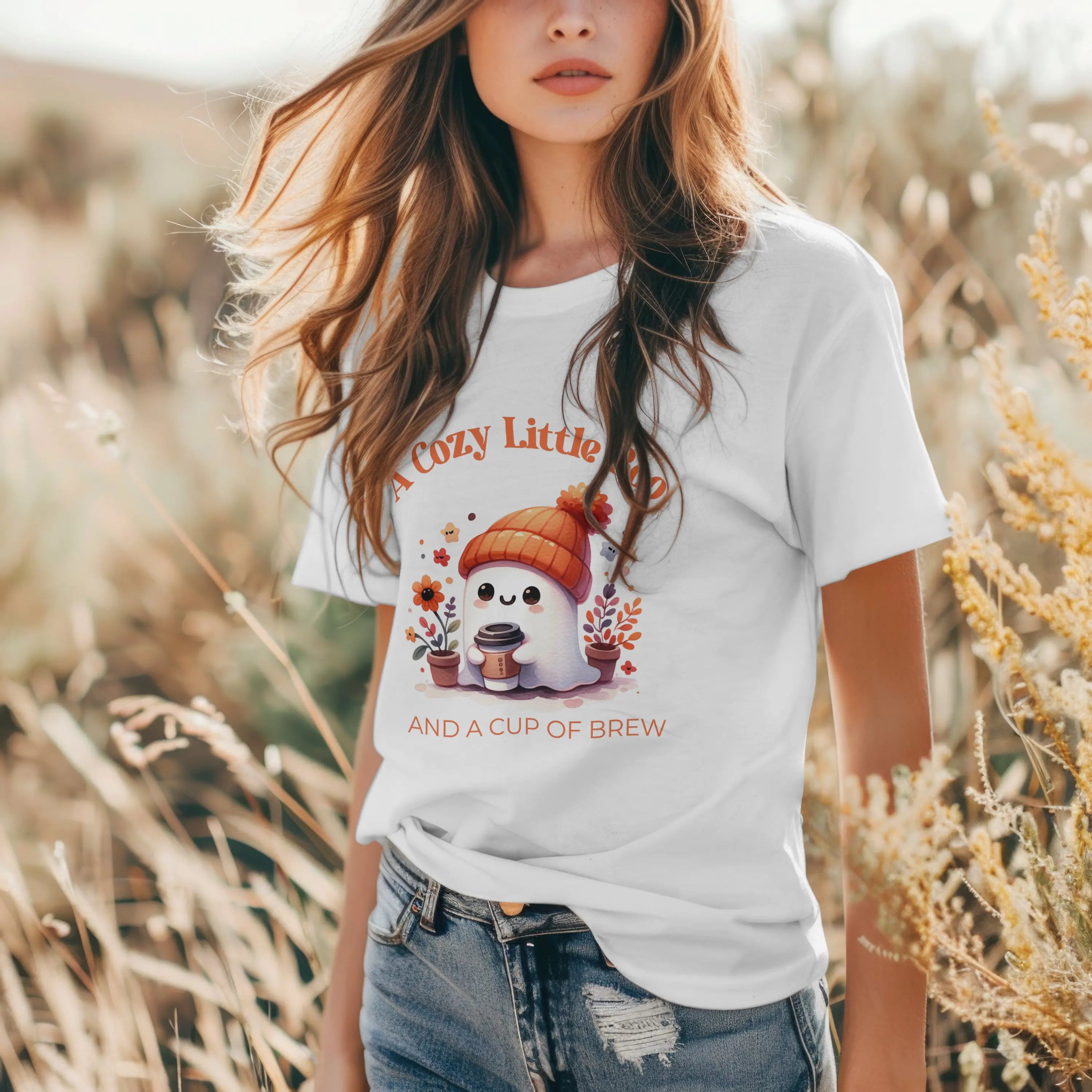 Cozy Little Boo T-Shirt – “A Cozy Little Boo and a Cup of Brew” Printify