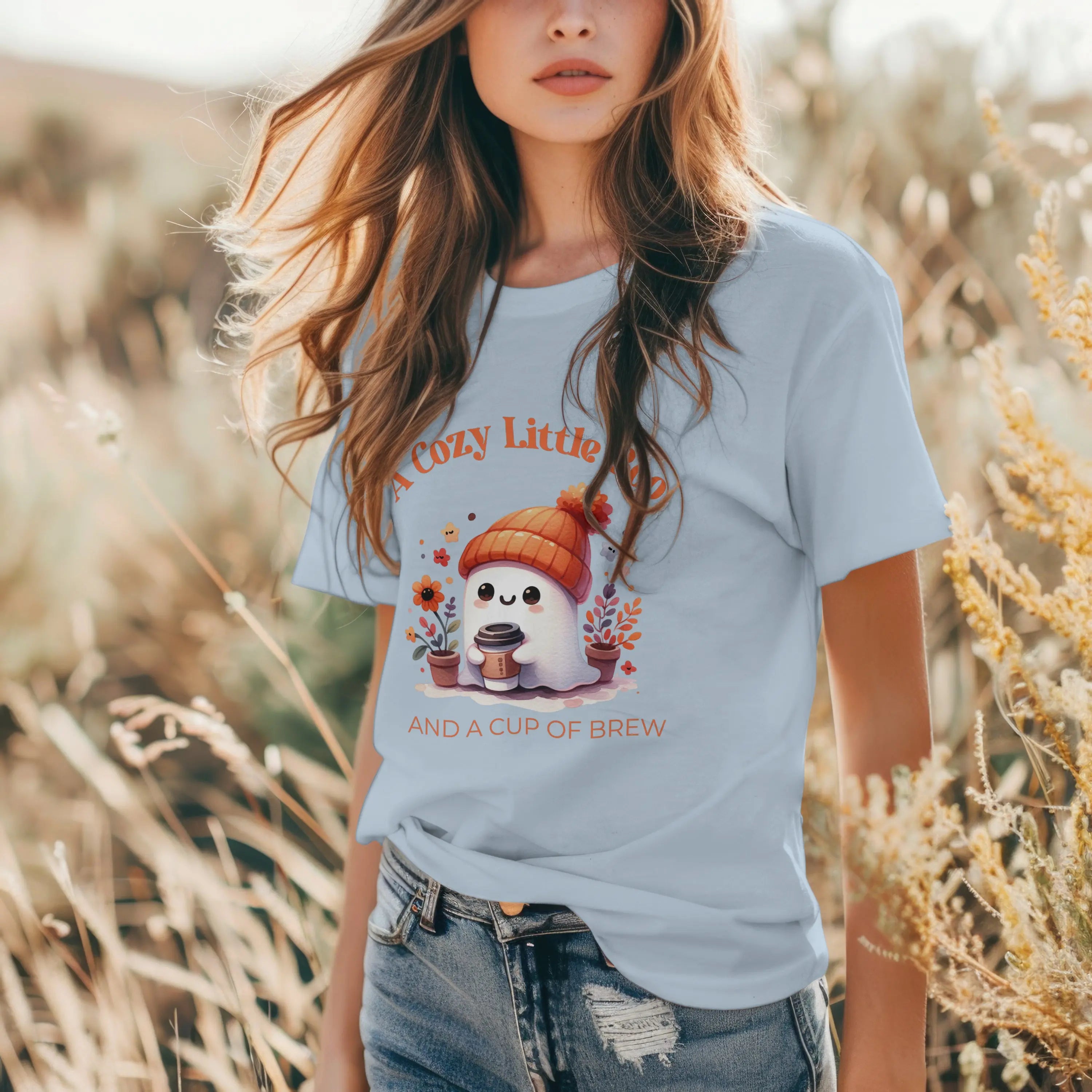 Cozy Little Boo T-Shirt – “A Cozy Little Boo and a Cup of Brew” Printify