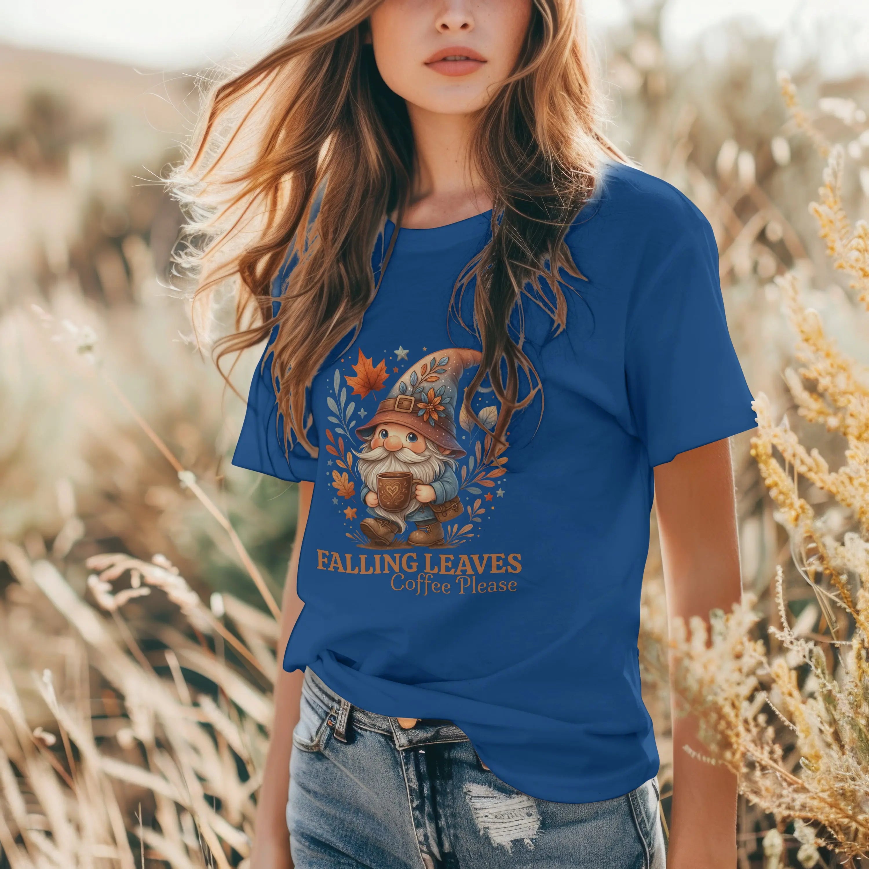 Falling Leaves Gnome T-Shirt | Cozy Autumn Tee, Seasonal Gift, Cute Fall Apparel, Halloween Top, Thanksgiving Outfit Printify