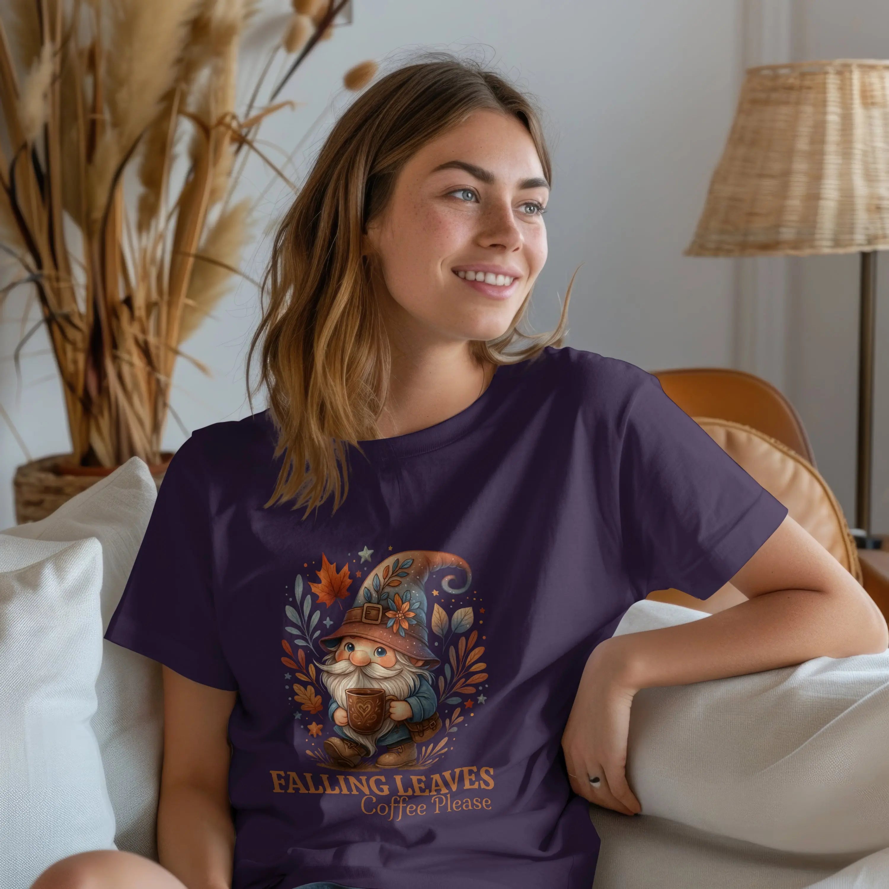 Falling Leaves Gnome T-Shirt | Cozy Autumn Tee, Seasonal Gift, Cute Fall Apparel, Halloween Top, Thanksgiving Outfit Printify