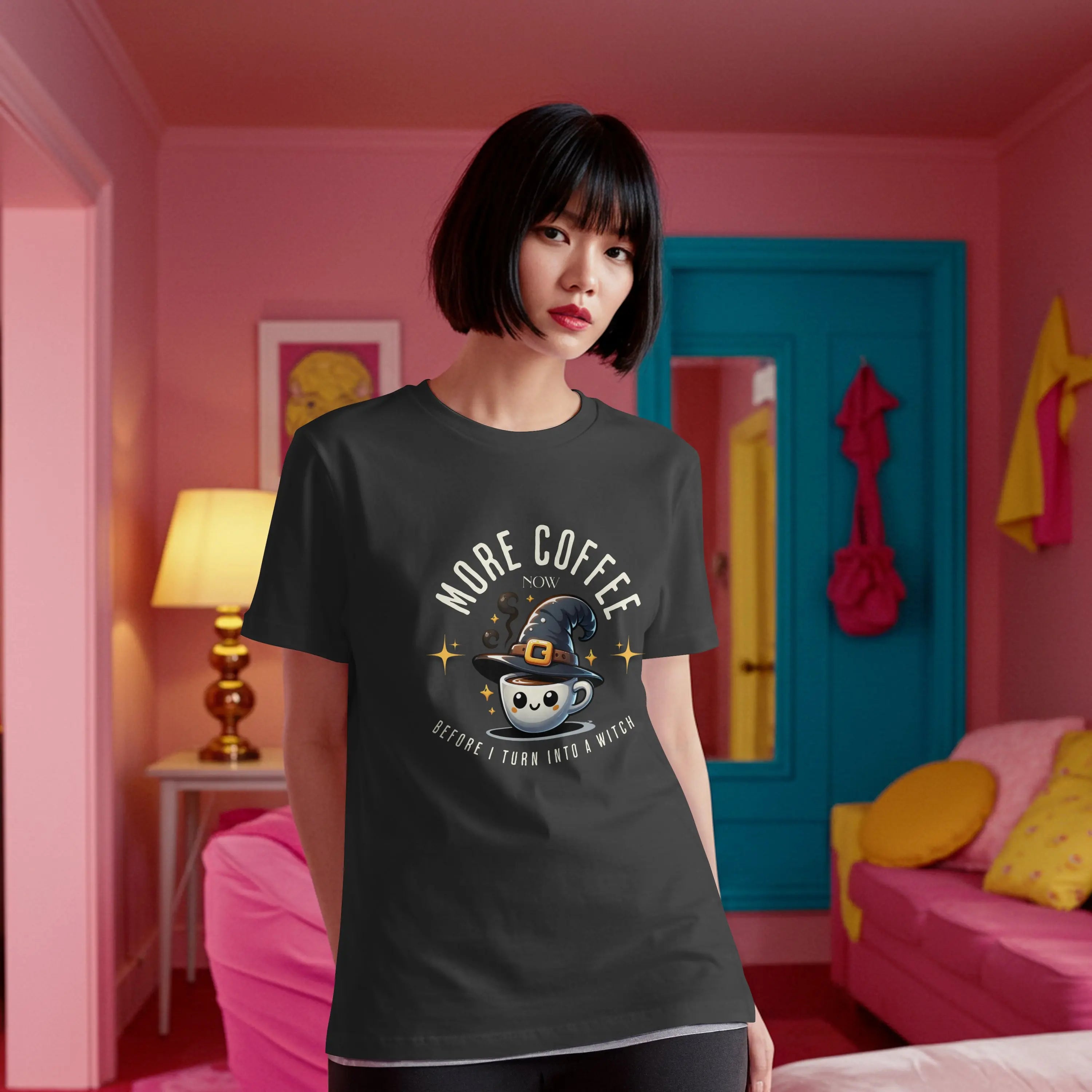 More Coffee Now T-Shirt | Cute Witch Coffee Tee, Halloween Gift, Funny Shirt, Coffee Lover Apparel, Spooky Season Outfit Printify