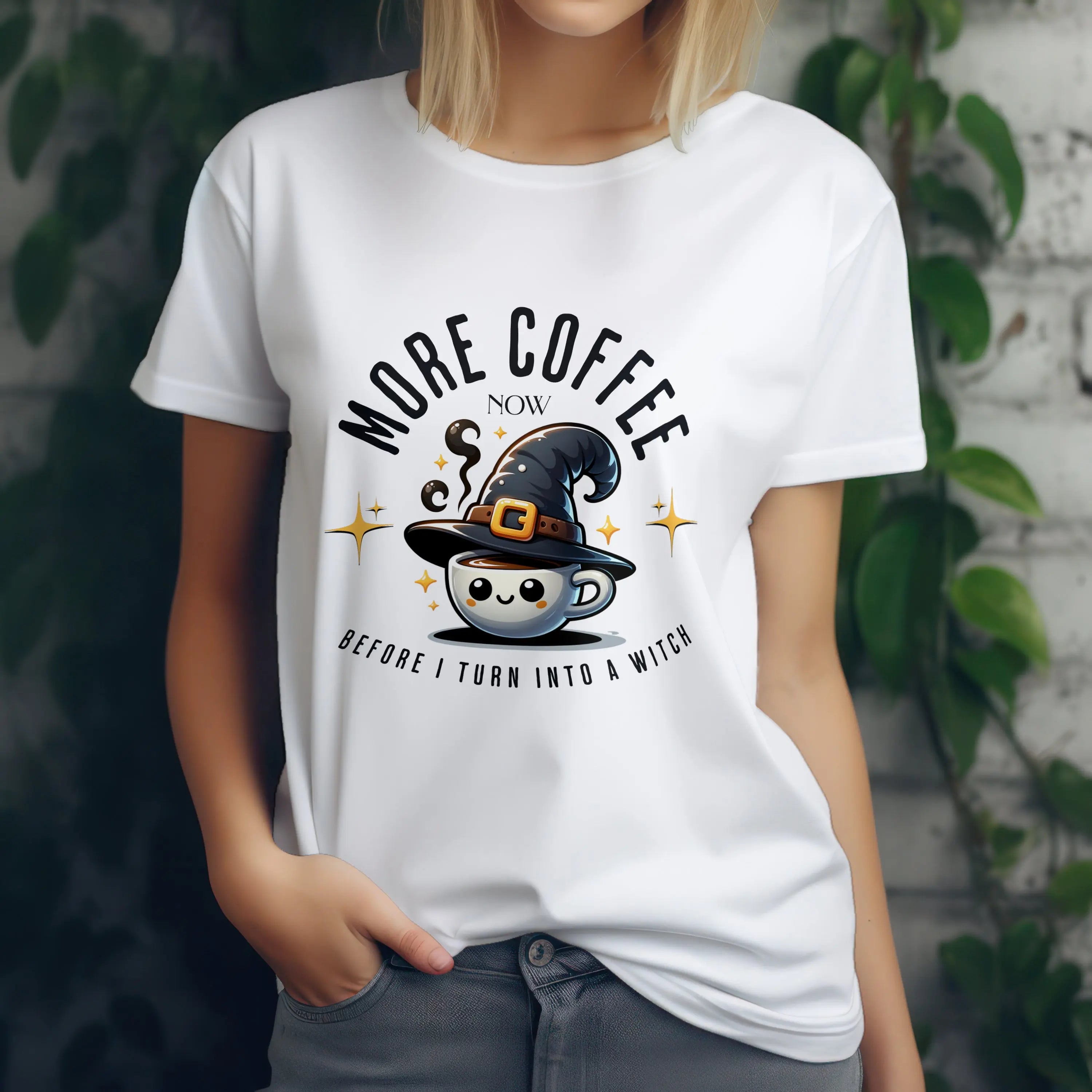 More Coffee Now T-Shirt | Cute Witch Coffee Tee, Halloween Gift, Funny Shirt, Coffee Lover Apparel, Spooky Season Outfit Printify