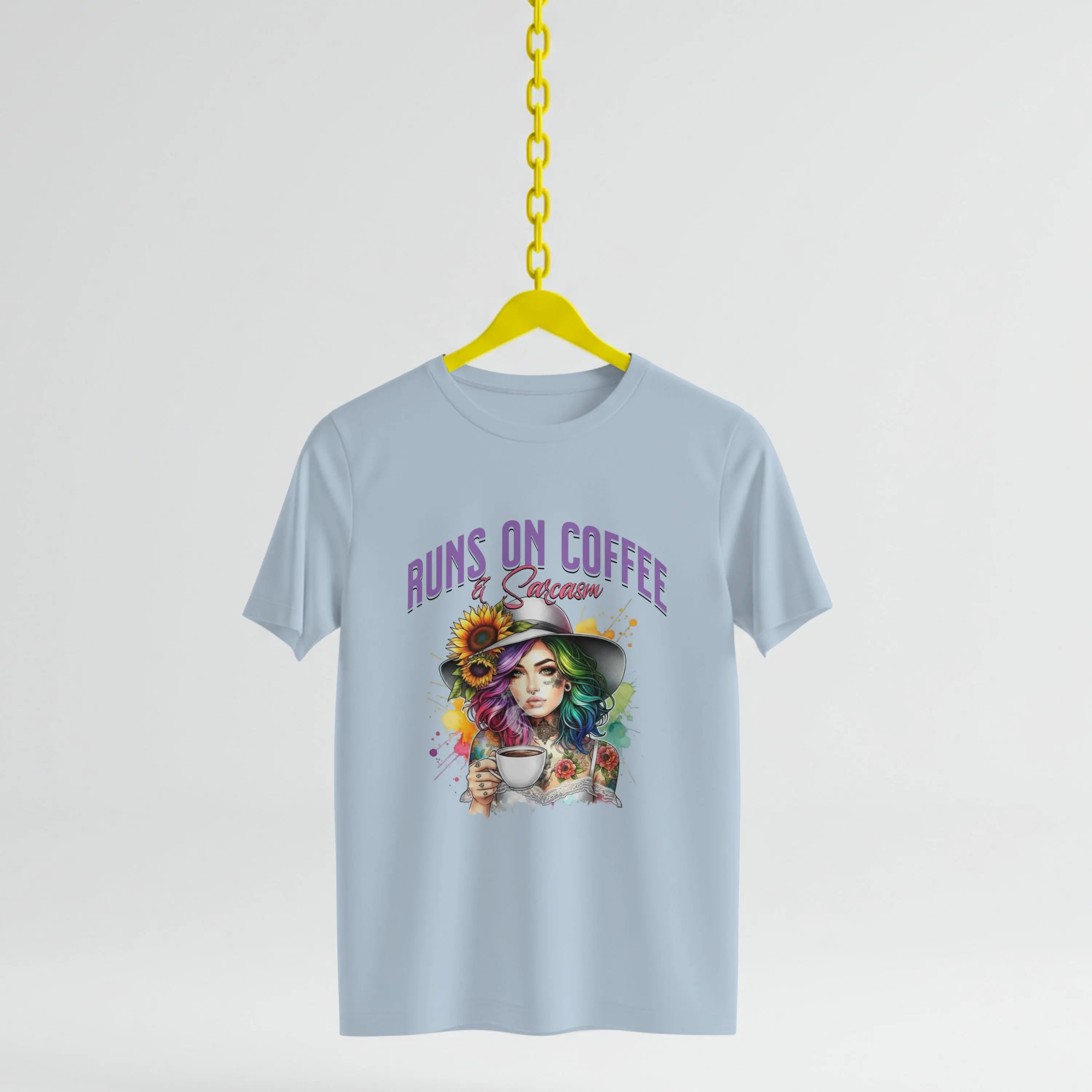Runs on Coffee and Sarcasm T-shirt- Handmade Gift for Women, Casualwear, Coffee Addict Shirt, Fun Graphic Tee, Unique Gift Idea Printify