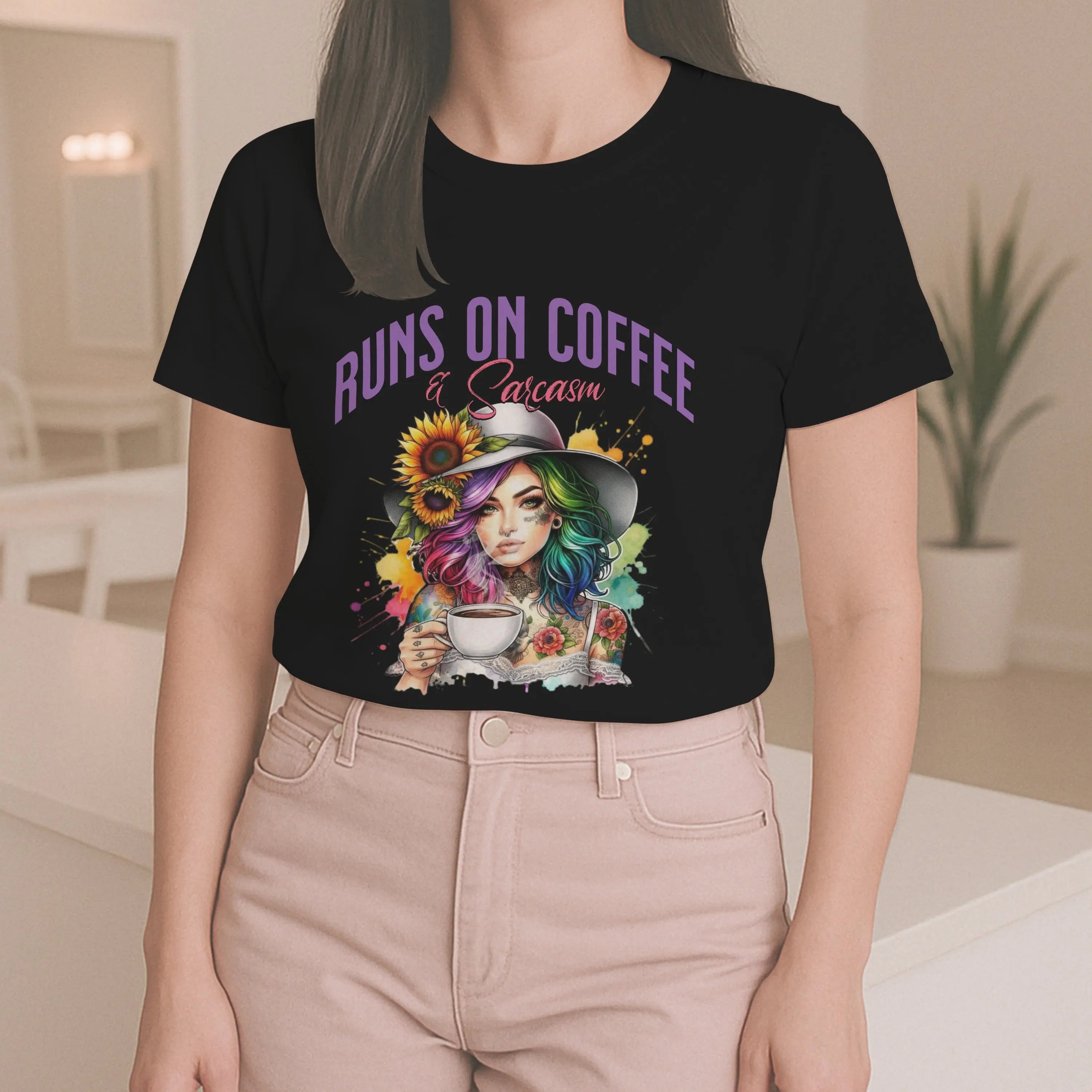 Runs on Coffee and Sarcasm T-shirt- Handmade Gift for Women, Casualwear, Coffee Addict Shirt, Fun Graphic Tee, Unique Gift Idea Printify