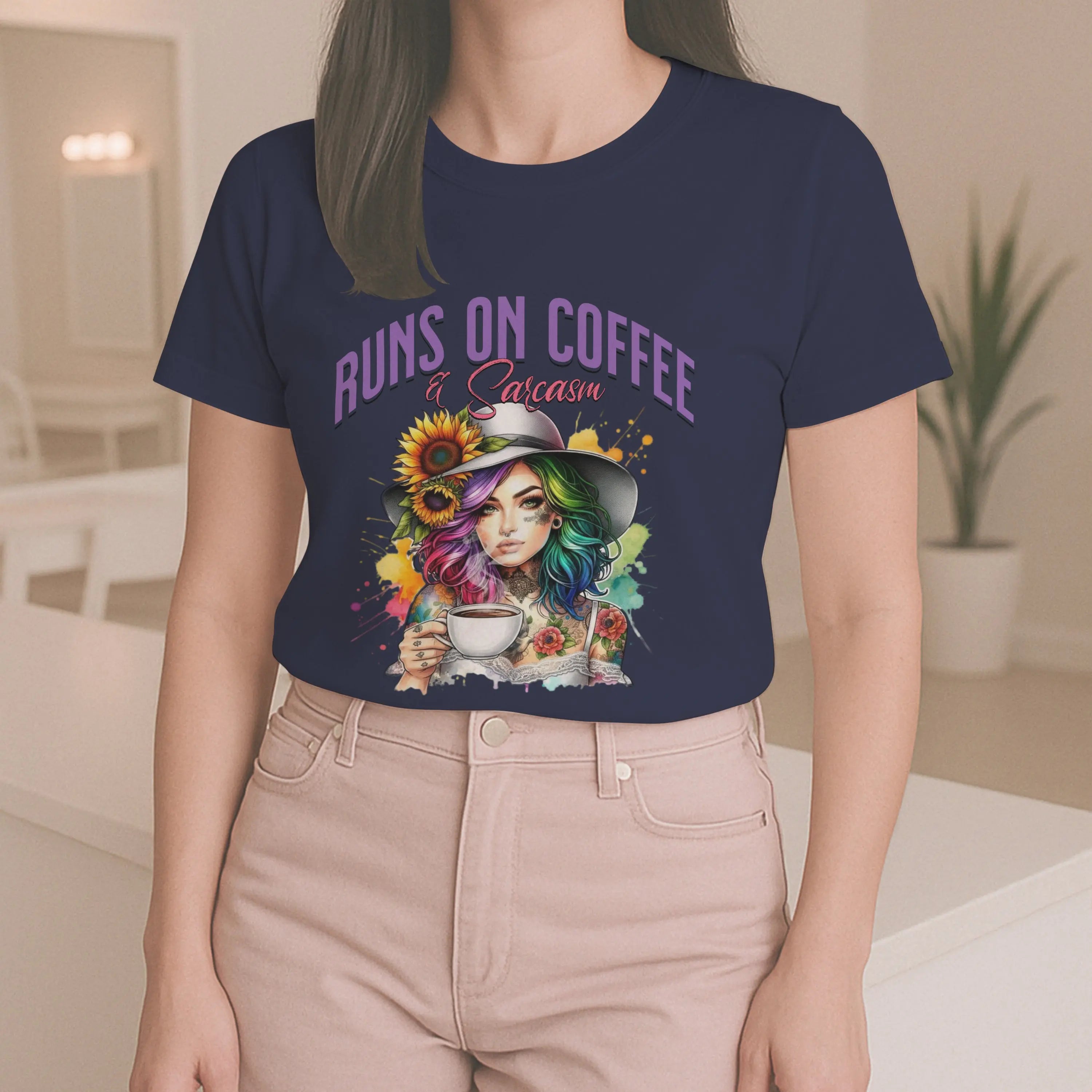 Runs on Coffee and Sarcasm T-shirt- Handmade Gift for Women, Casualwear, Coffee Addict Shirt, Fun Graphic Tee, Unique Gift Idea Printify