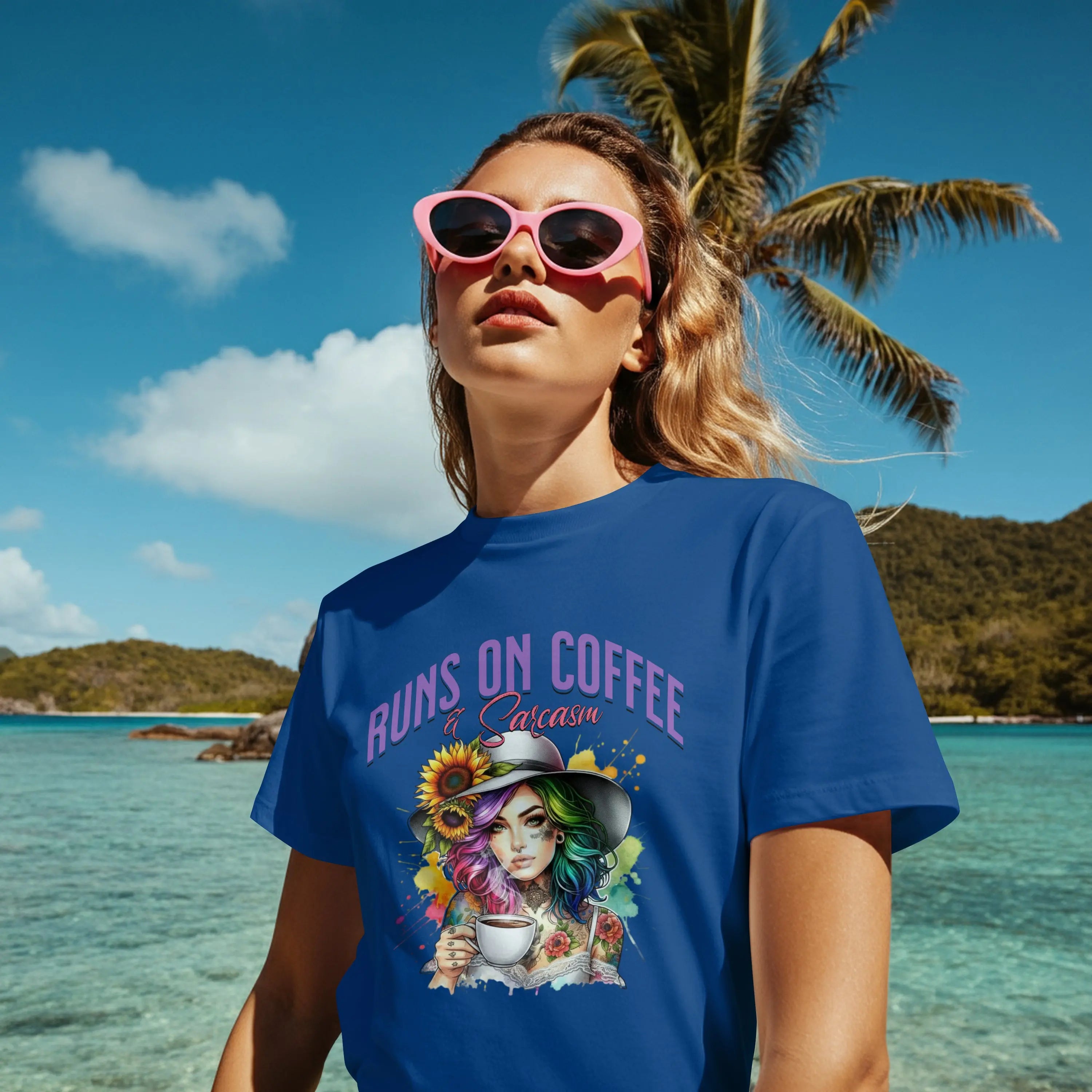 Runs on Coffee and Sarcasm T-shirt- Handmade Gift for Women, Casualwear, Coffee Addict Shirt, Fun Graphic Tee, Unique Gift Idea Printify