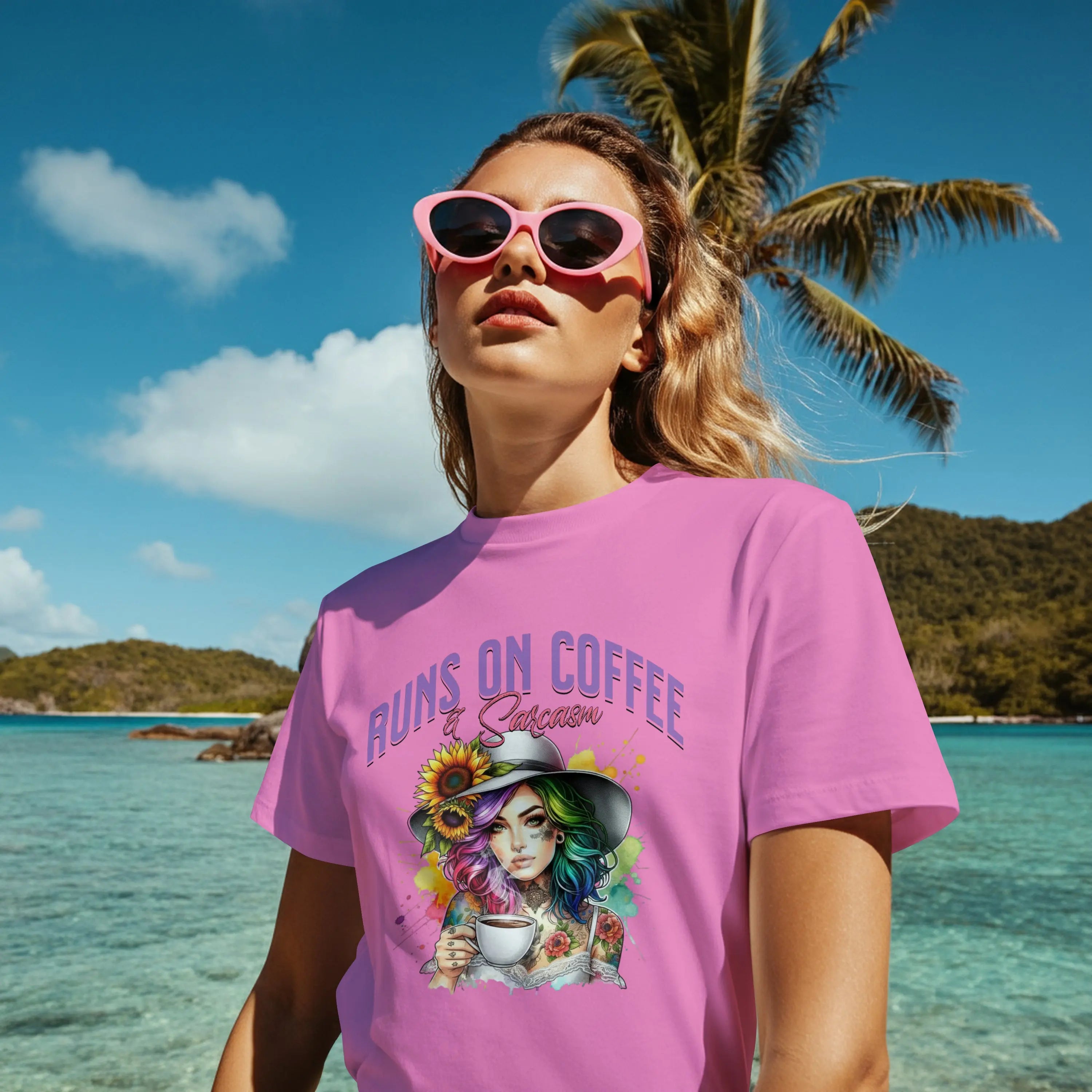 Runs on Coffee and Sarcasm T-shirt- Handmade Gift for Women, Casualwear, Coffee Addict Shirt, Fun Graphic Tee, Unique Gift Idea Printify