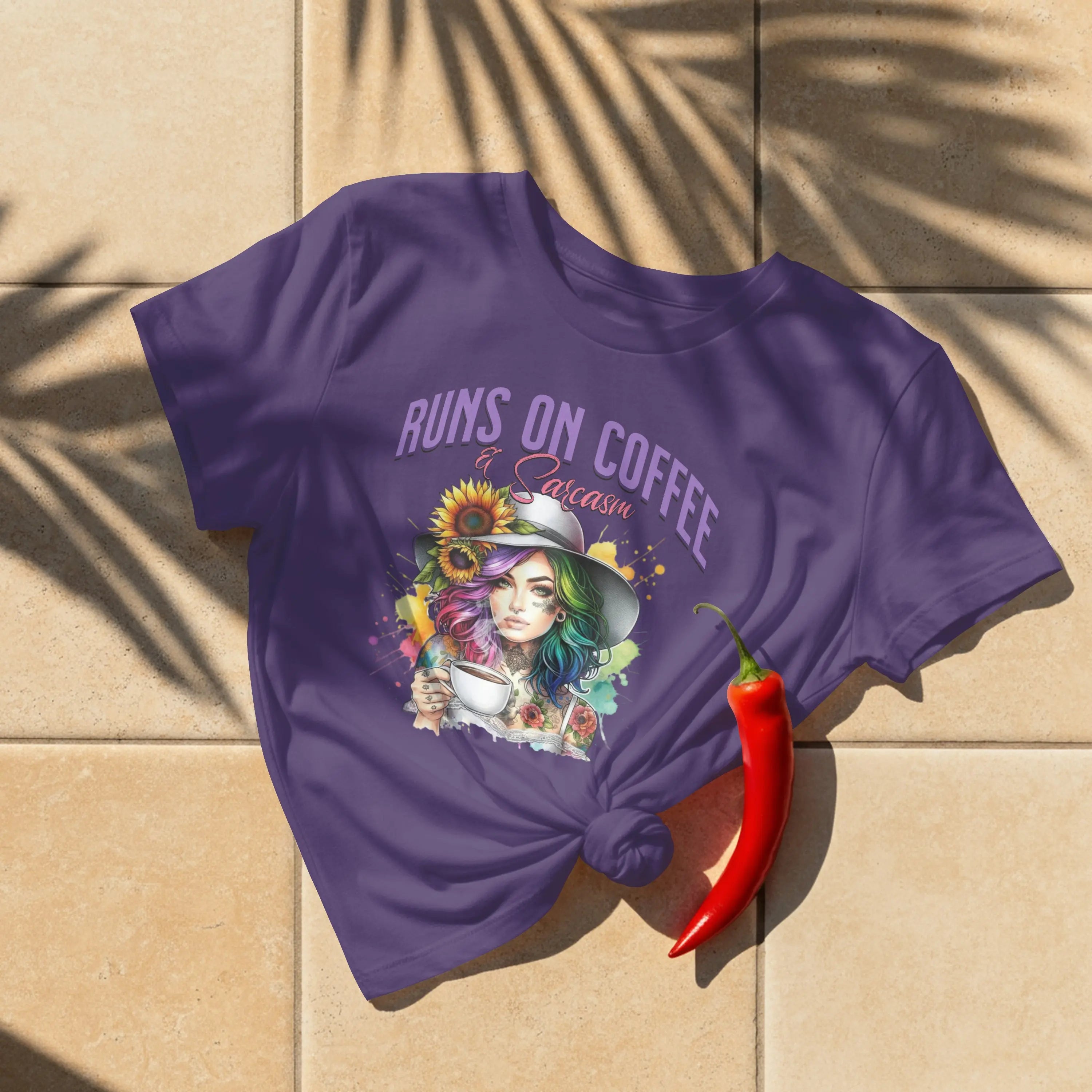 Runs on Coffee and Sarcasm T-shirt- Handmade Gift for Women, Casualwear, Coffee Addict Shirt, Fun Graphic Tee, Unique Gift Idea Printify