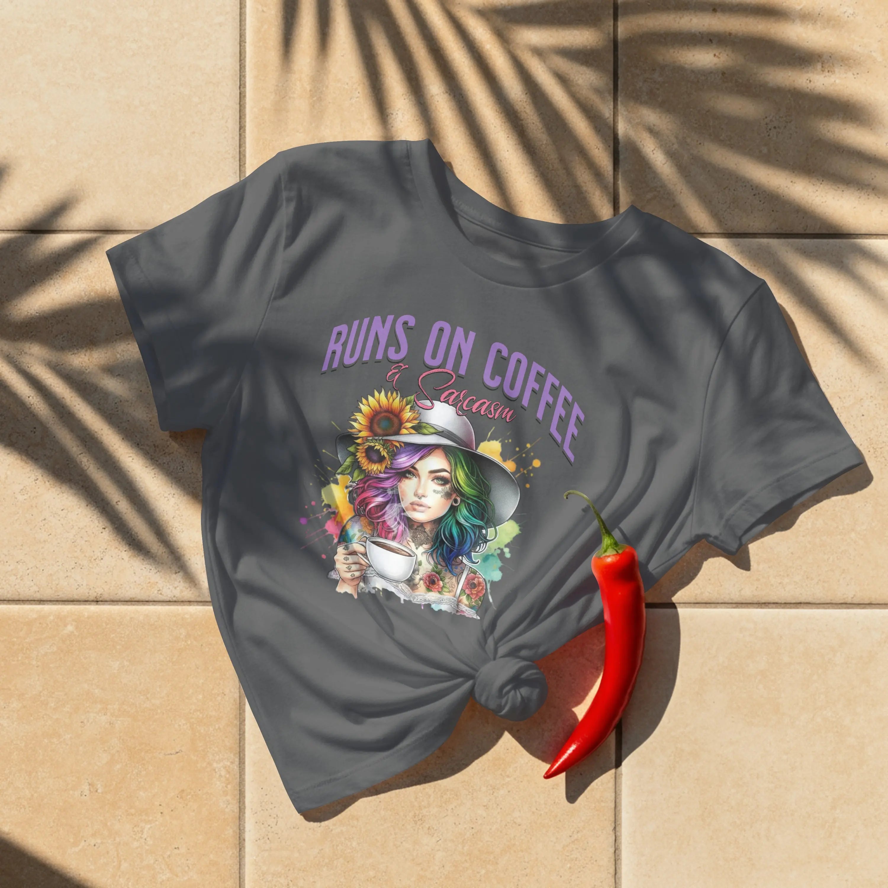 Runs on Coffee and Sarcasm T-shirt- Handmade Gift for Women, Casualwear, Coffee Addict Shirt, Fun Graphic Tee, Unique Gift Idea Printify