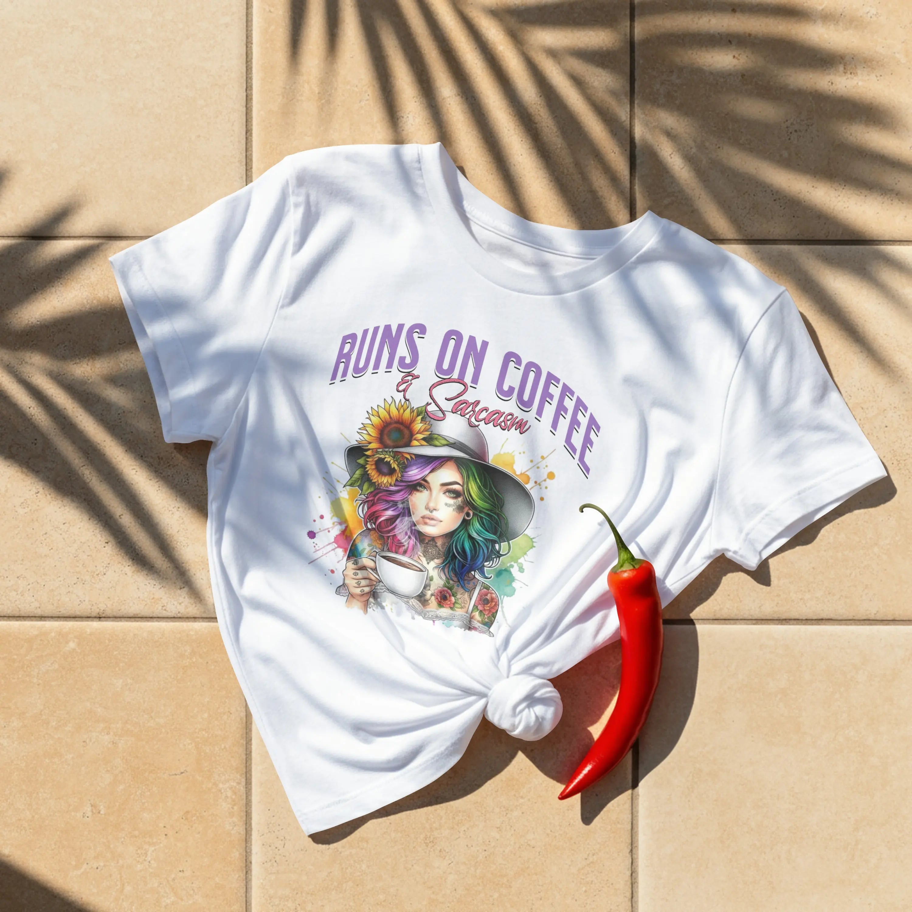 Runs on Coffee and Sarcasm T-shirt- Handmade Gift for Women, Casualwear, Coffee Addict Shirt, Fun Graphic Tee, Unique Gift Idea Printify