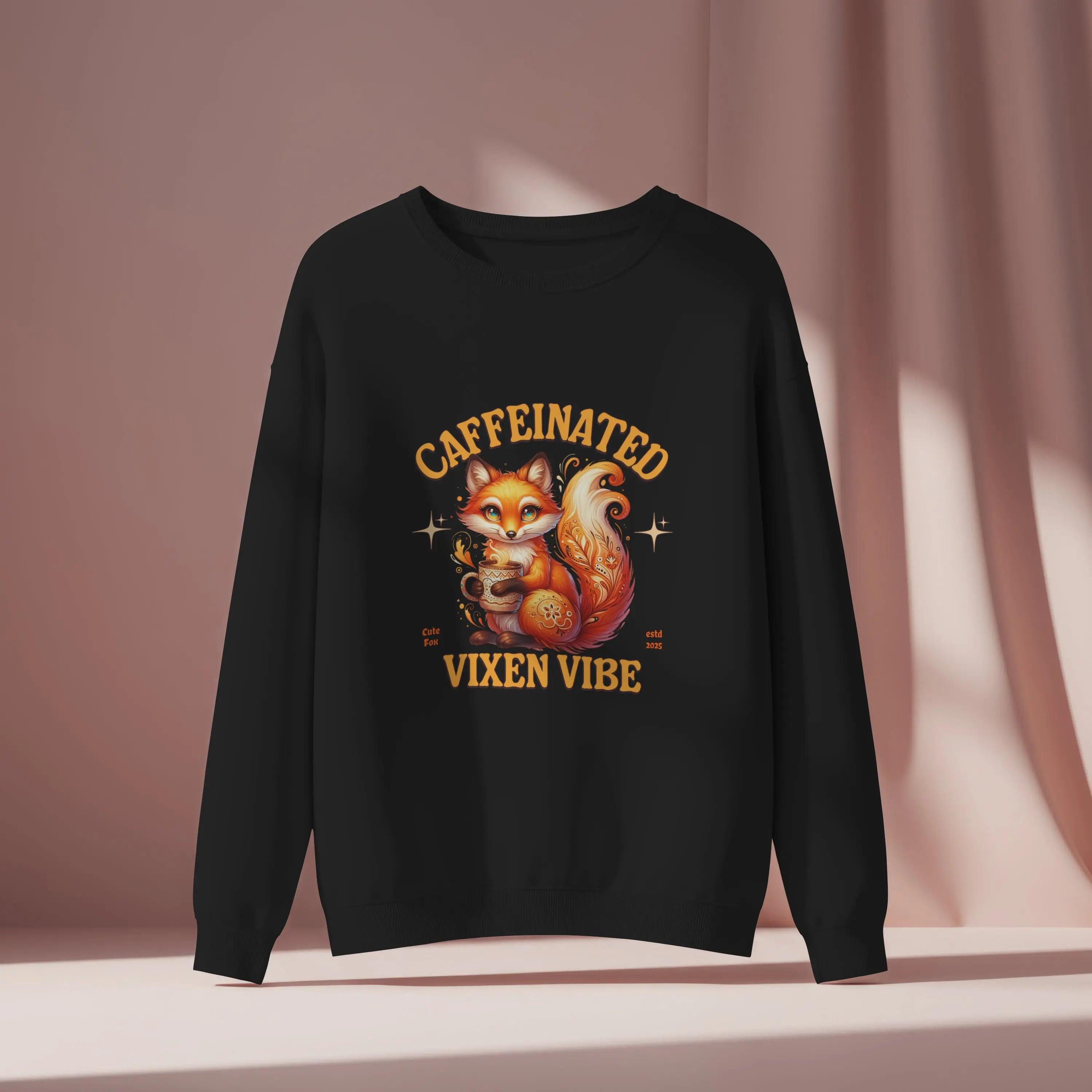 Caffeinated Vixen Vibe Sweatshirt, Cozy Unisex Crewneck for Coffee Lovers, Gift for Birthdays, Fall Fashion, Cute Animal Sweater Printify