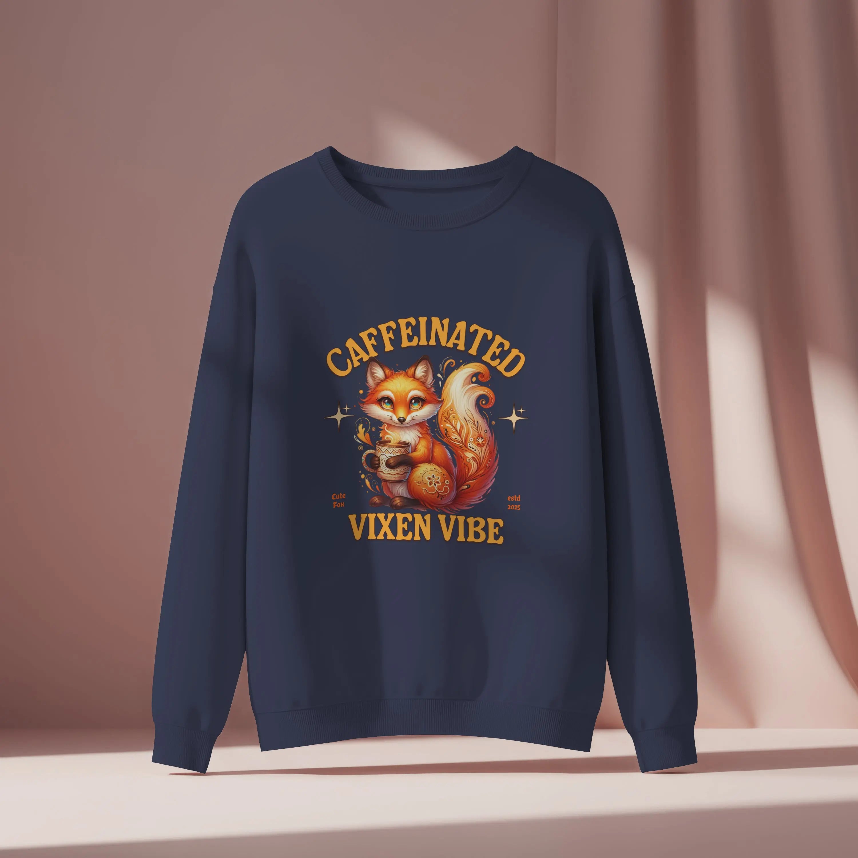 Caffeinated Vixen Vibe Sweatshirt, Cozy Unisex Crewneck for Coffee Lovers, Gift for Birthdays, Fall Fashion, Cute Animal Sweater Printify
