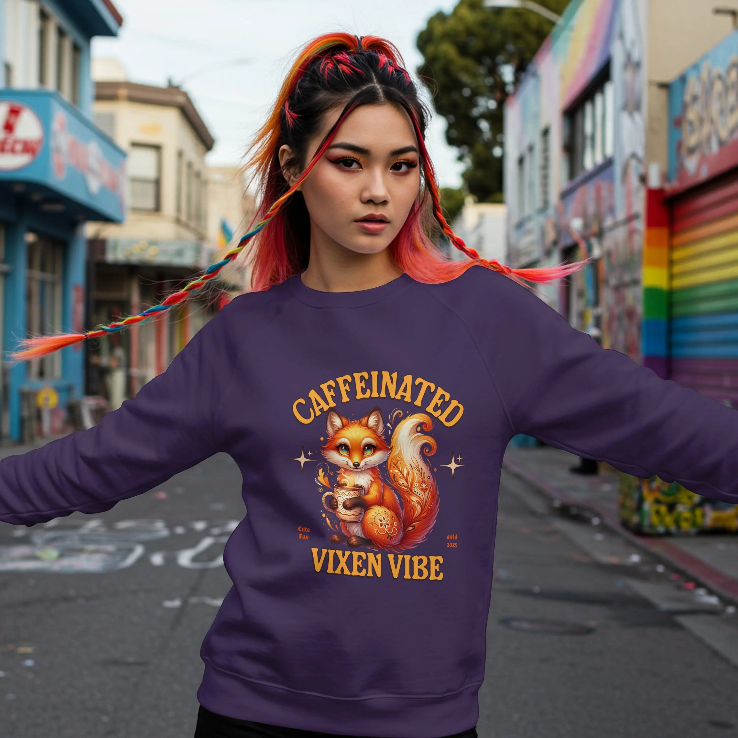 Caffeinated Vixen Vibe Sweatshirt, Cozy Unisex Crewneck for Coffee Lovers, Gift for Birthdays, Fall Fashion, Cute Animal Sweater Printify