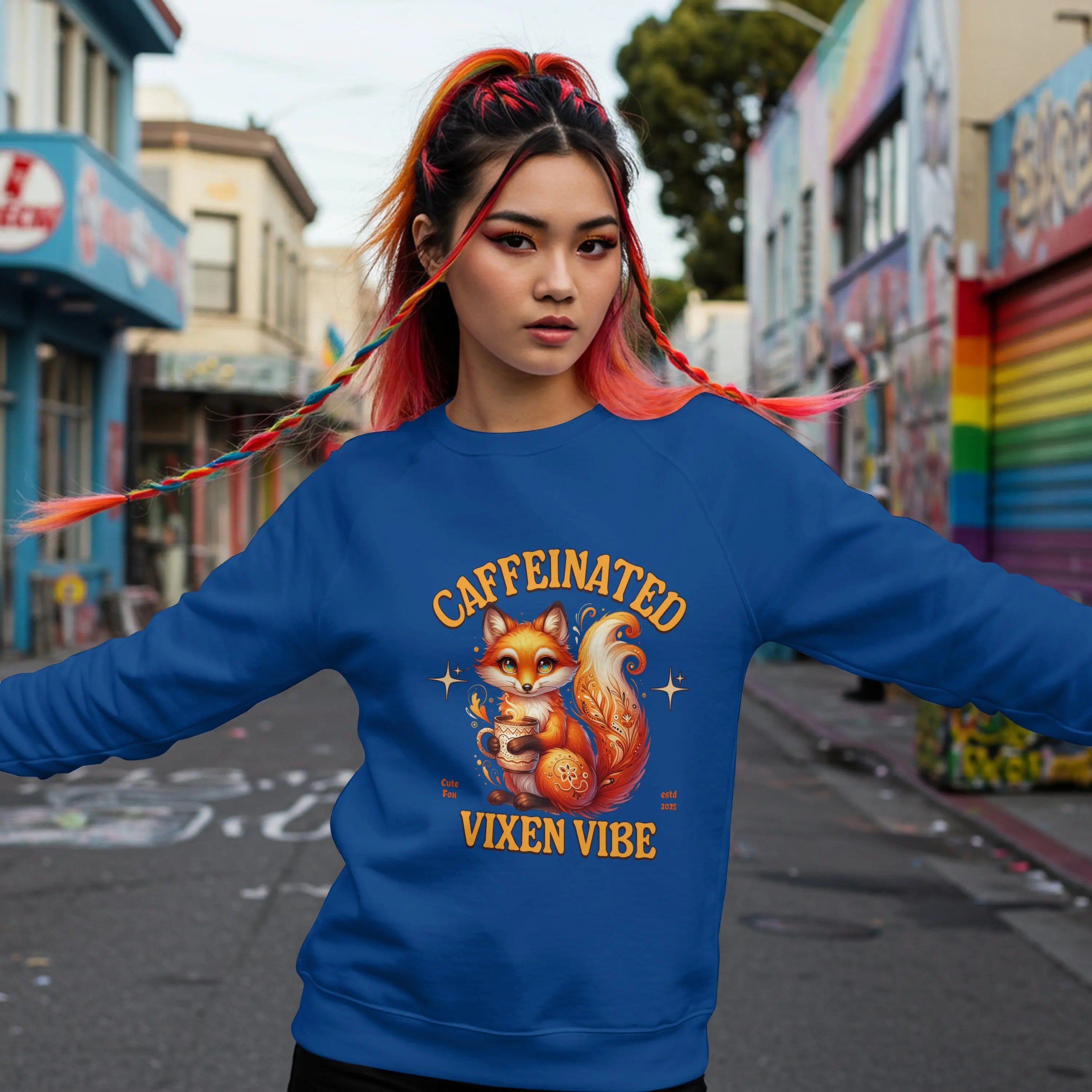 Caffeinated Vixen Vibe Sweatshirt, Cozy Unisex Crewneck for Coffee Lovers, Gift for Birthdays, Fall Fashion, Cute Animal Sweater Printify