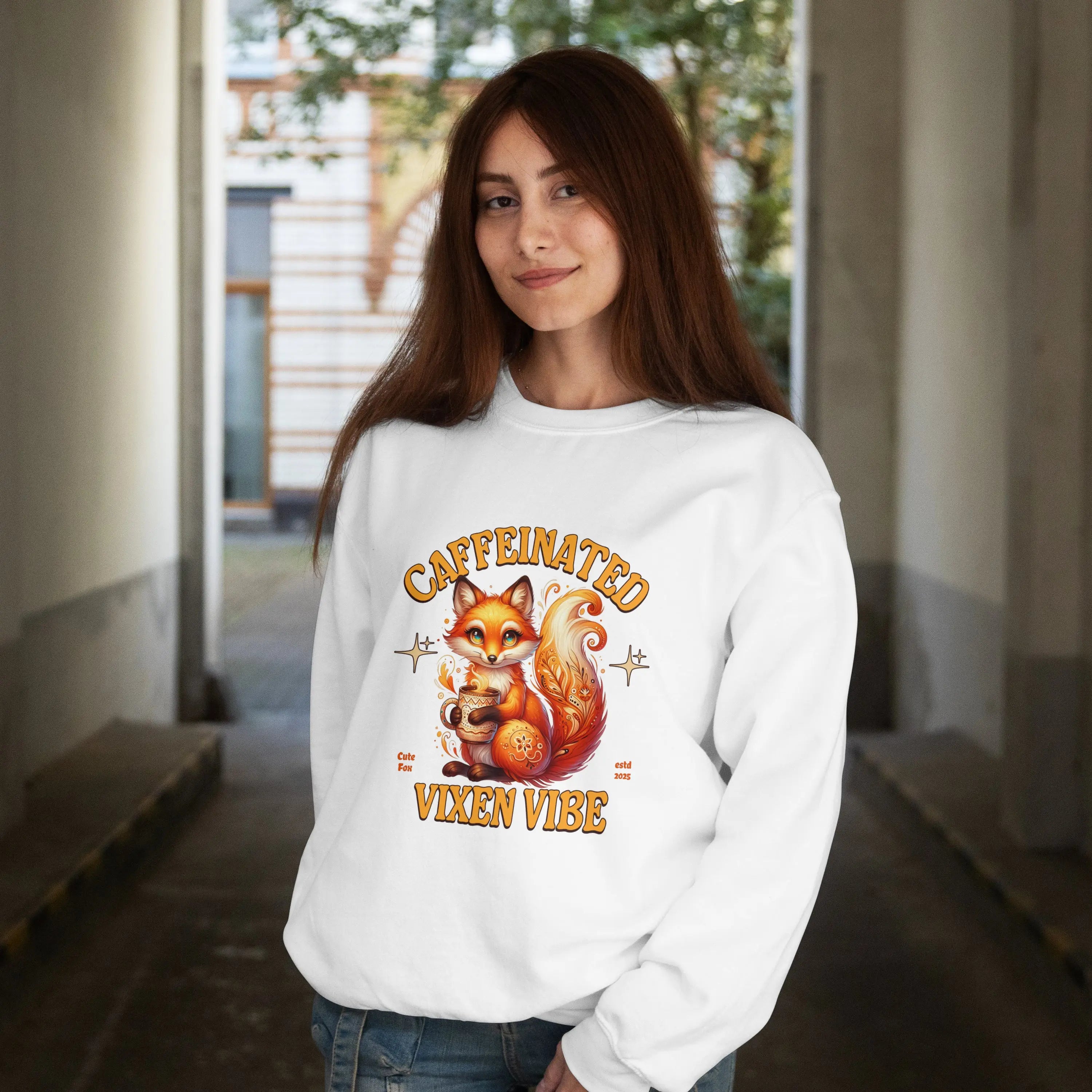 Caffeinated Vixen Vibe Sweatshirt, Cozy Unisex Crewneck for Coffee Lovers, Gift for Birthdays, Fall Fashion, Cute Animal Sweater Printify