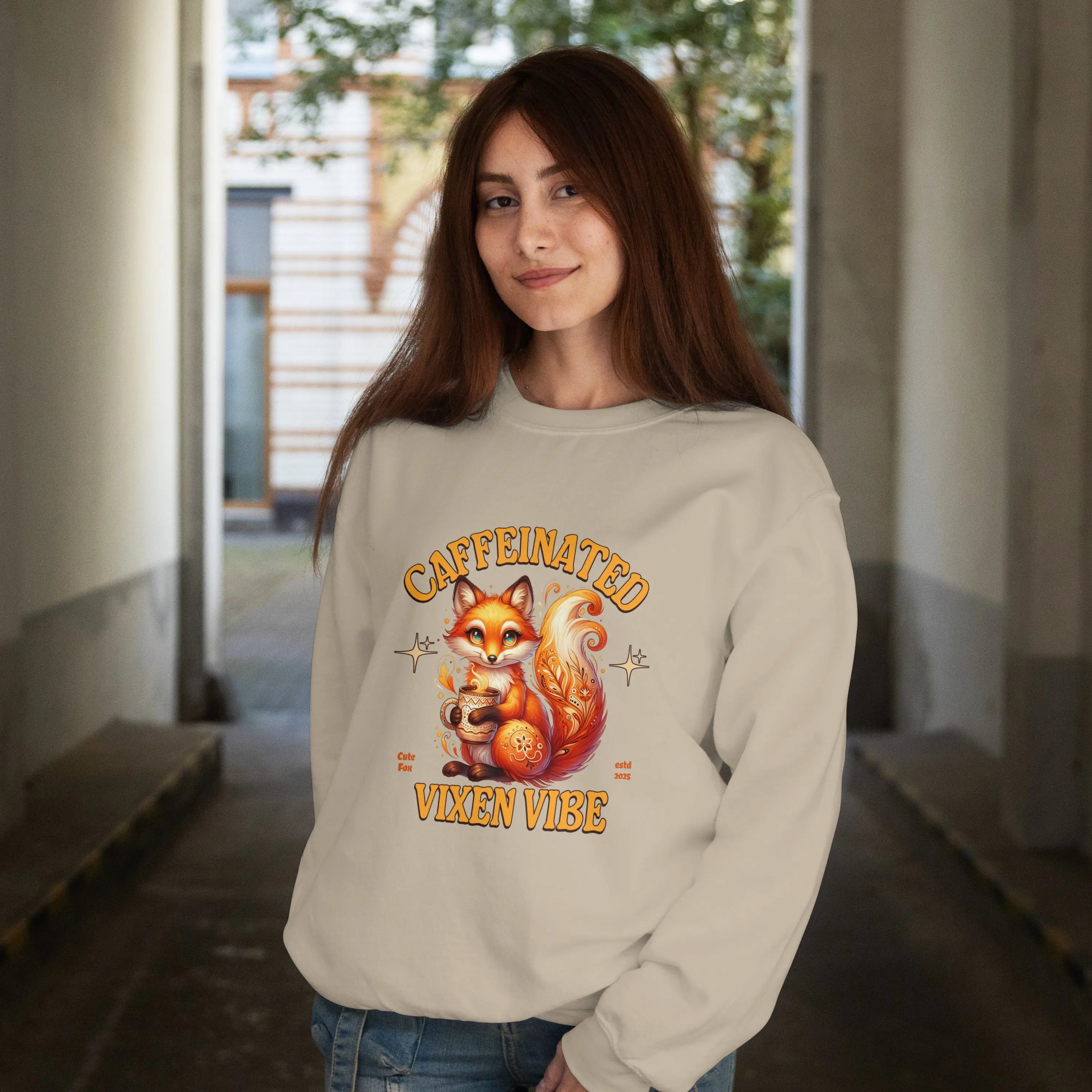 Caffeinated Vixen Vibe Sweatshirt, Cozy Unisex Crewneck for Coffee Lovers, Gift for Birthdays, Fall Fashion, Cute Animal Sweater Printify