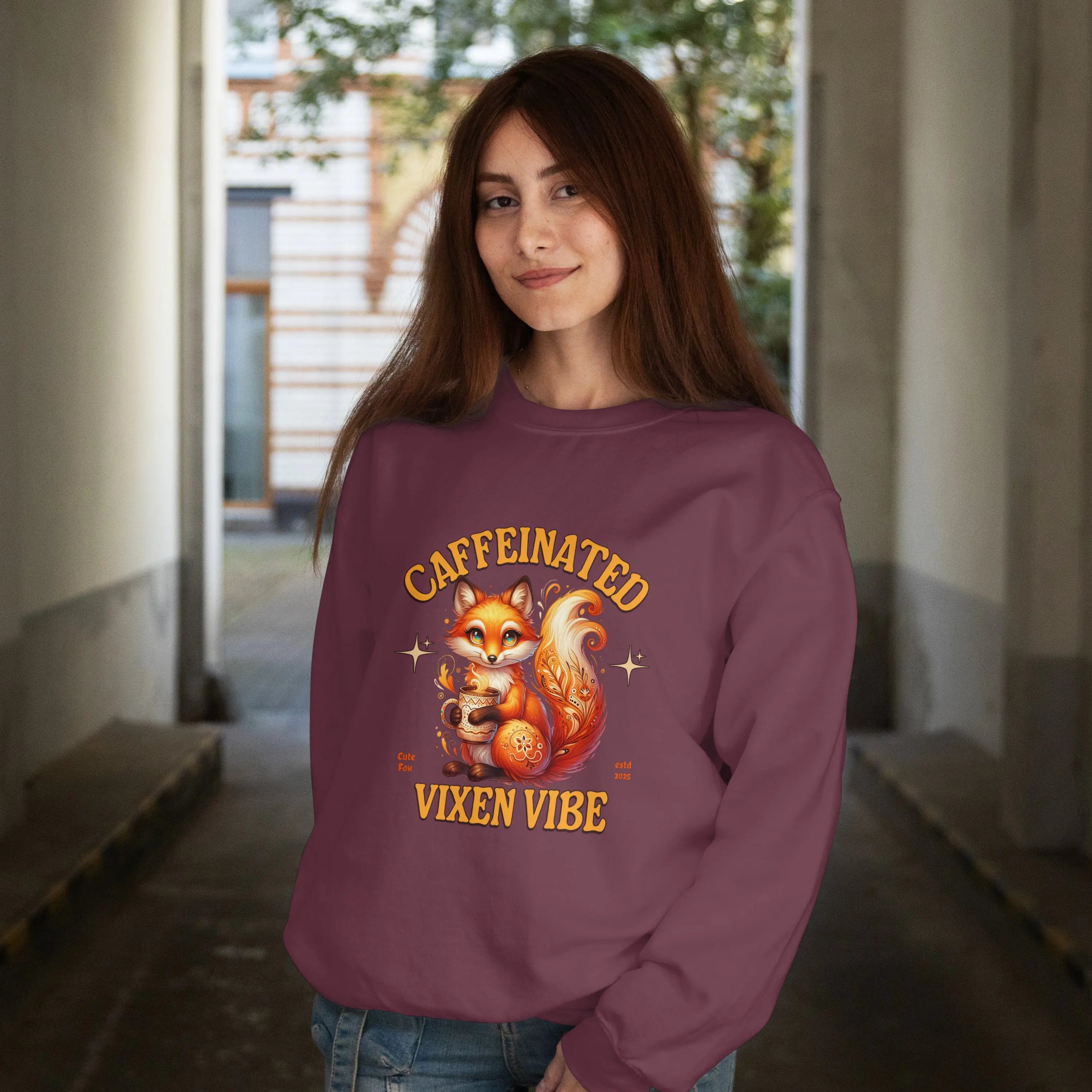 Caffeinated Vixen Vibe Sweatshirt, Cozy Unisex Crewneck for Coffee Lovers, Gift for Birthdays, Fall Fashion, Cute Animal Sweater Printify