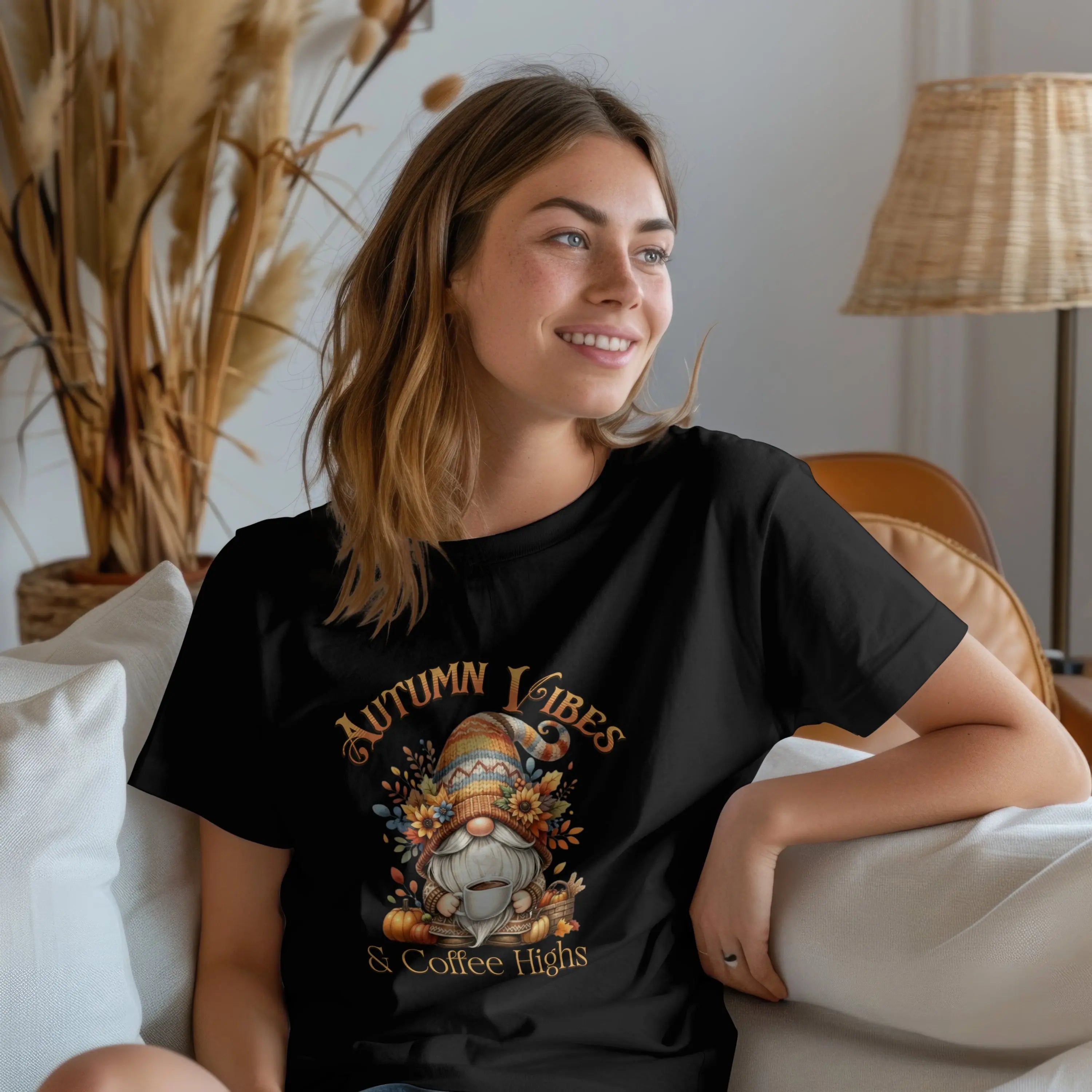 Autumn Vibes T-shirt, Cozy Fall Shirt, Gnome Lover Gift, Seasonal Graphic Tee, Coffee Lovers Apparel, Thanksgiving Outfit Printify