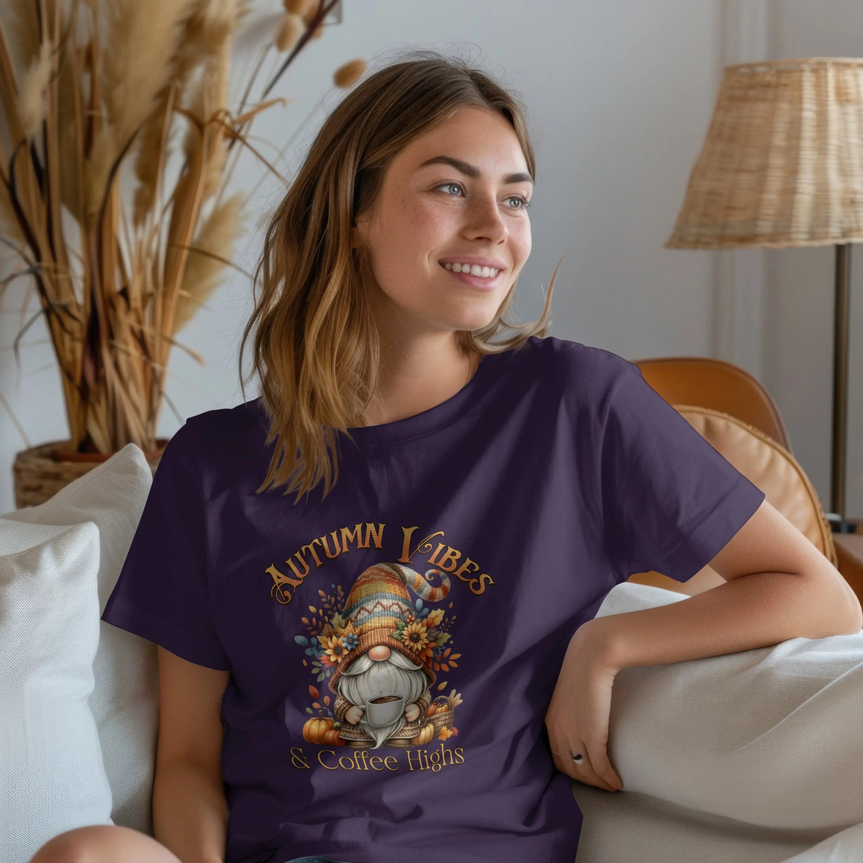Autumn Vibes T-shirt, Cozy Fall Shirt, Gnome Lover Gift, Seasonal Graphic Tee, Coffee Lovers Apparel, Thanksgiving Outfit Printify