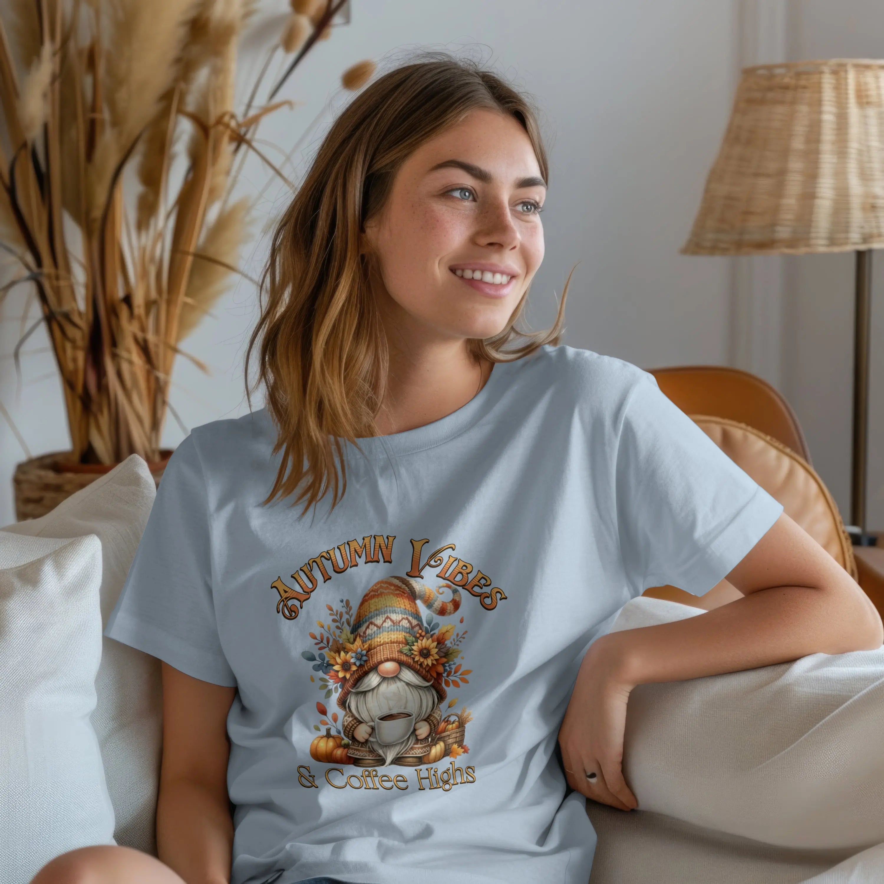 Autumn Vibes T-shirt, Cozy Fall Shirt, Gnome Lover Gift, Seasonal Graphic Tee, Coffee Lovers Apparel, Thanksgiving Outfit Printify