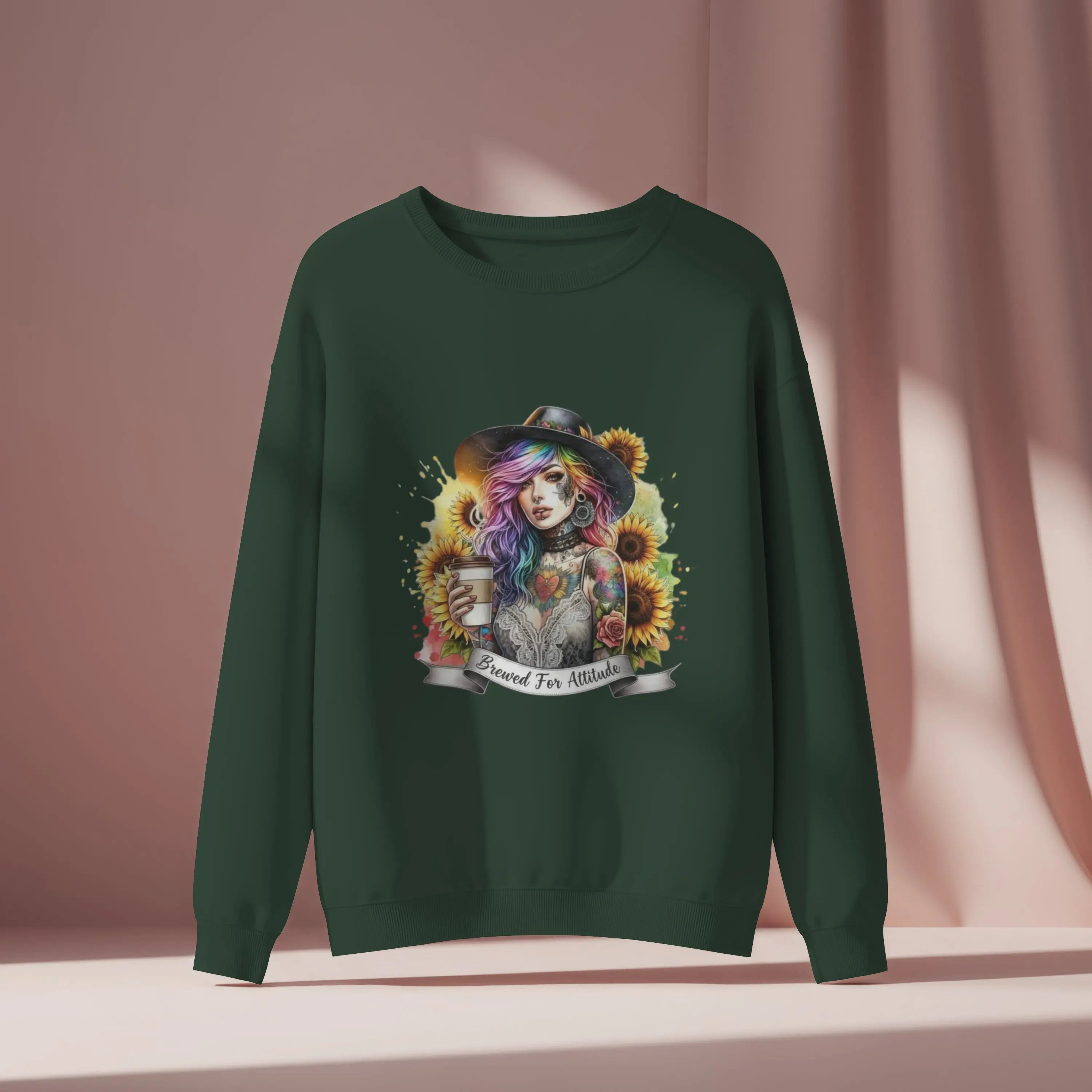 Brewed for Attitude Sunflower Sweatshirt, Cozy Unisex Crewneck, Gifts for Her, Trendy Fall Apparel, Tattoo Art Fashion Printify