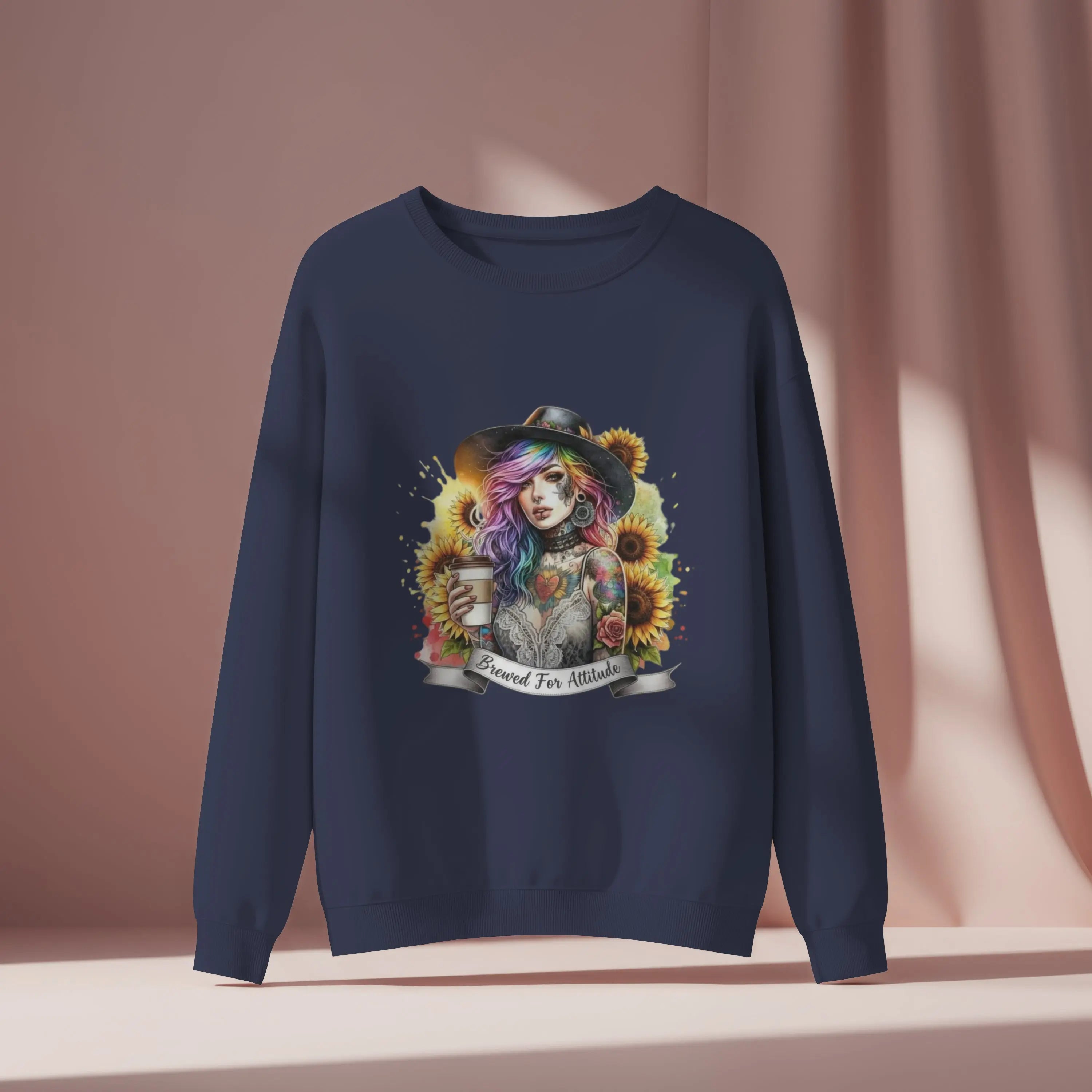 Brewed for Attitude Sunflower Sweatshirt, Cozy Unisex Crewneck, Gifts for Her, Trendy Fall Apparel, Tattoo Art Fashion Printify