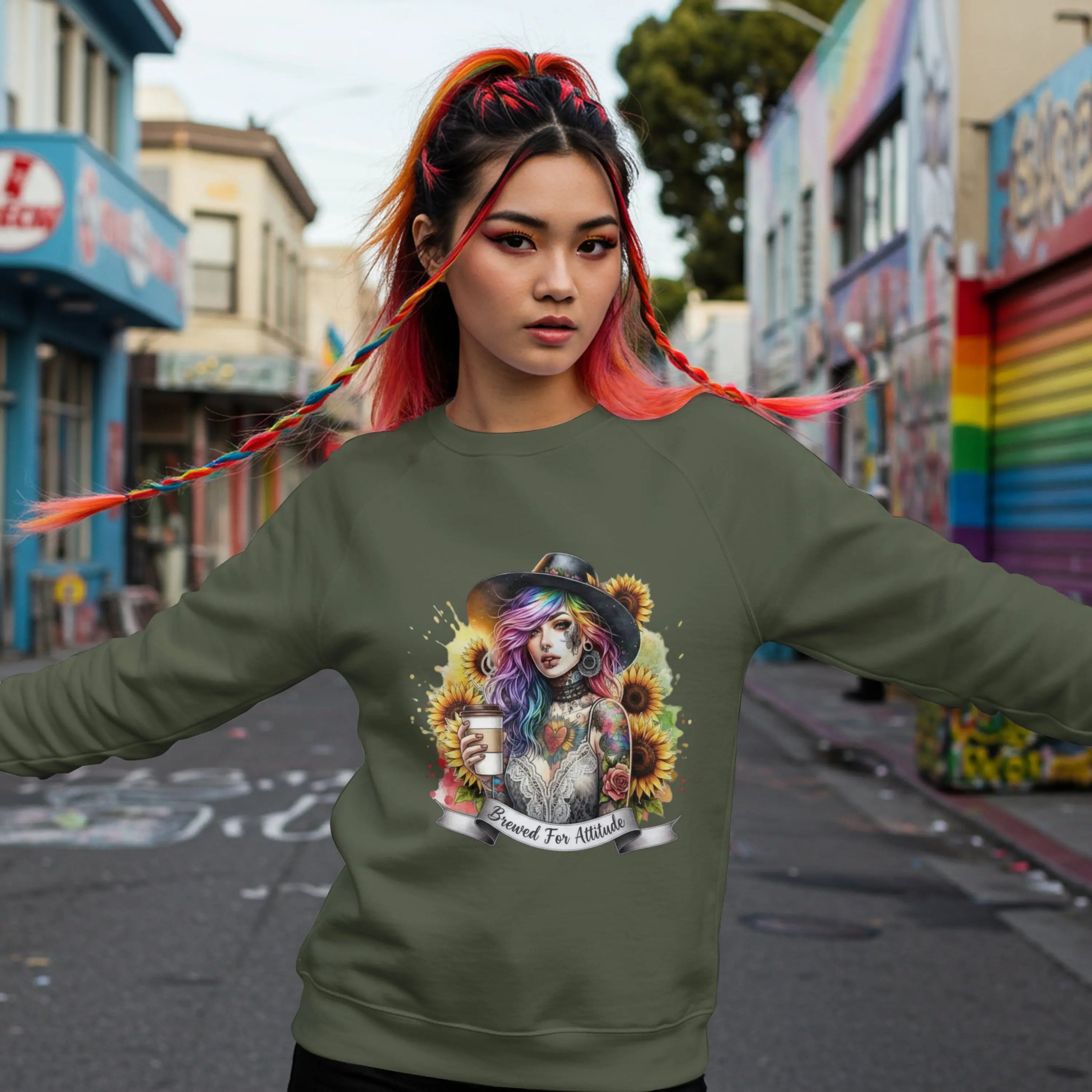 Brewed for Attitude Sunflower Sweatshirt, Cozy Unisex Crewneck, Gifts for Her, Trendy Fall Apparel, Tattoo Art Fashion Printify
