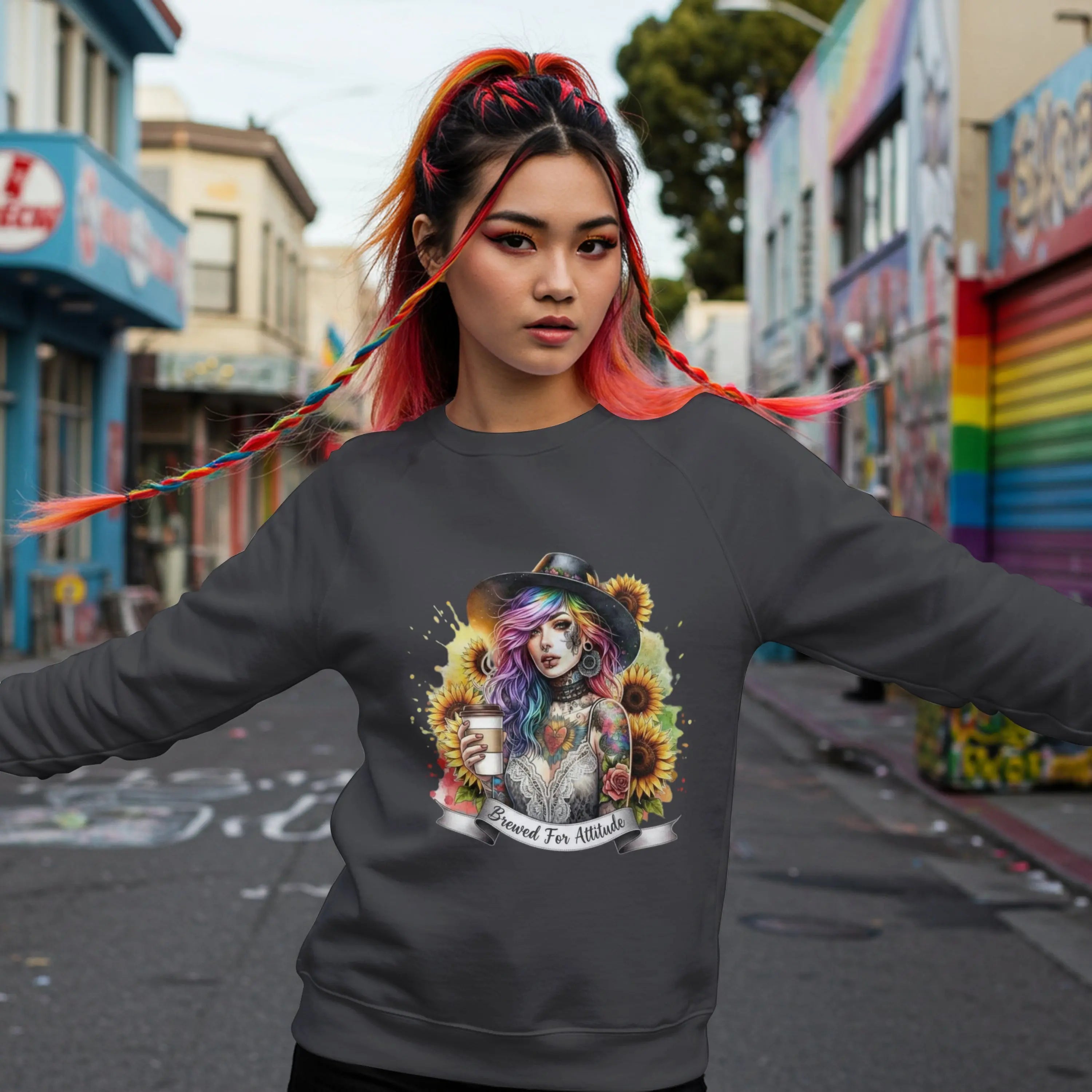 Brewed for Attitude Sunflower Sweatshirt, Cozy Unisex Crewneck, Gifts for Her, Trendy Fall Apparel, Tattoo Art Fashion Printify