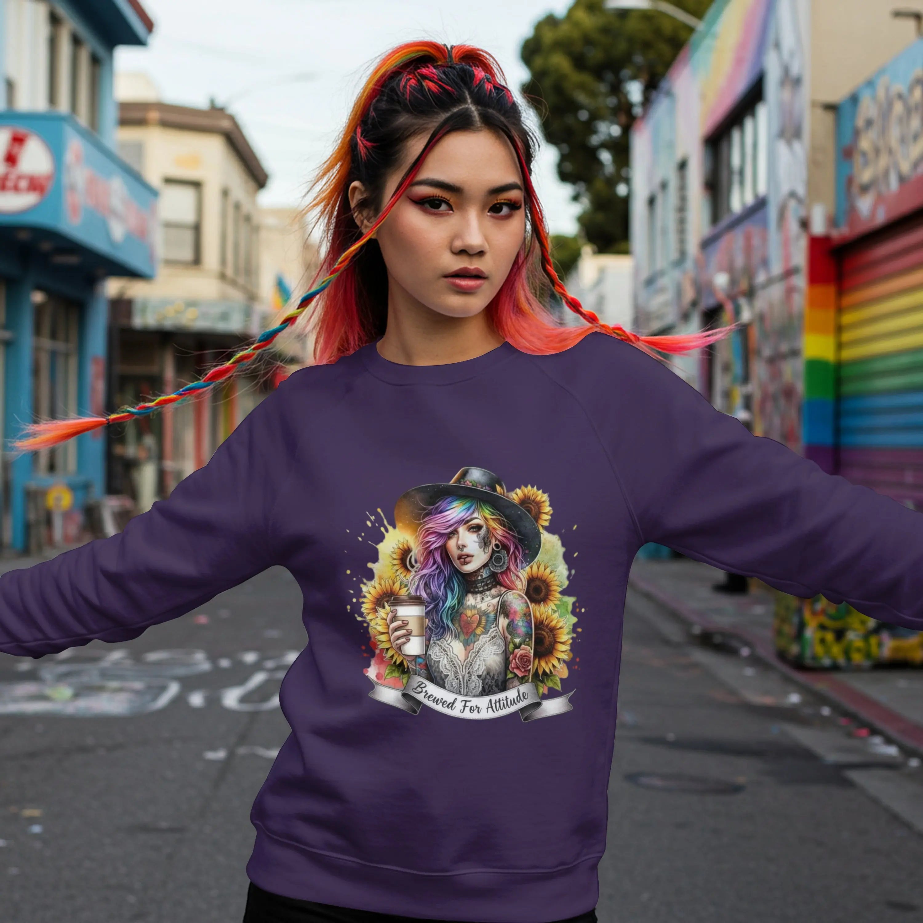 Brewed for Attitude Sunflower Sweatshirt, Cozy Unisex Crewneck, Gifts for Her, Trendy Fall Apparel, Tattoo Art Fashion Printify