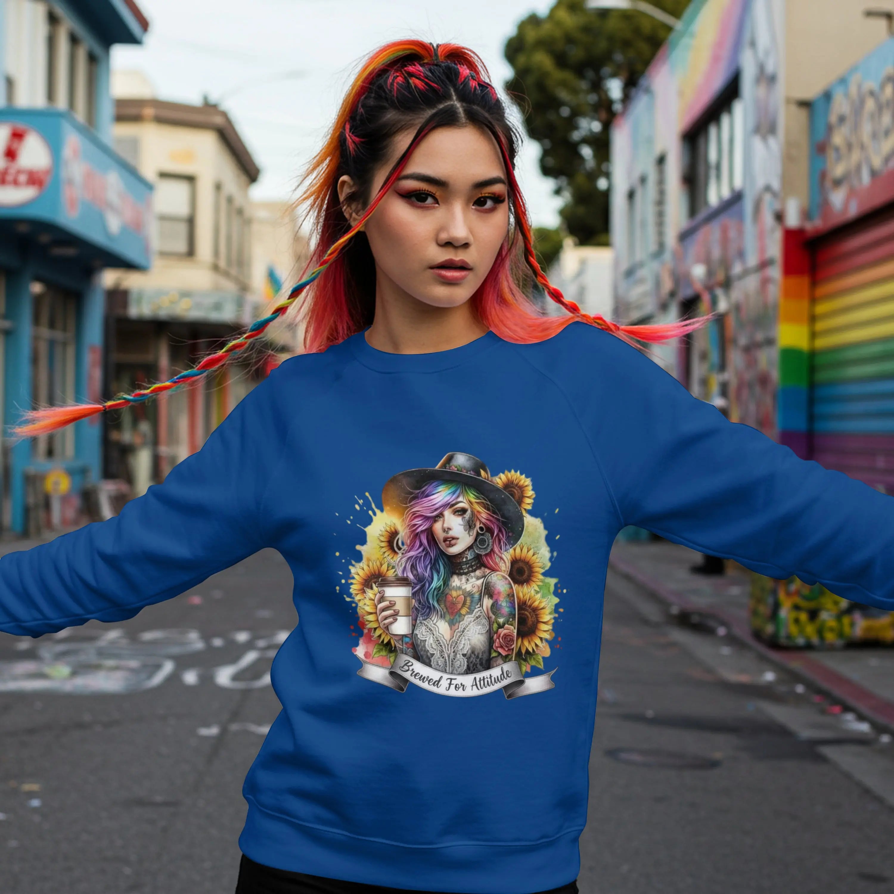 Brewed for Attitude Sunflower Sweatshirt, Cozy Unisex Crewneck, Gifts for Her, Trendy Fall Apparel, Tattoo Art Fashion Printify
