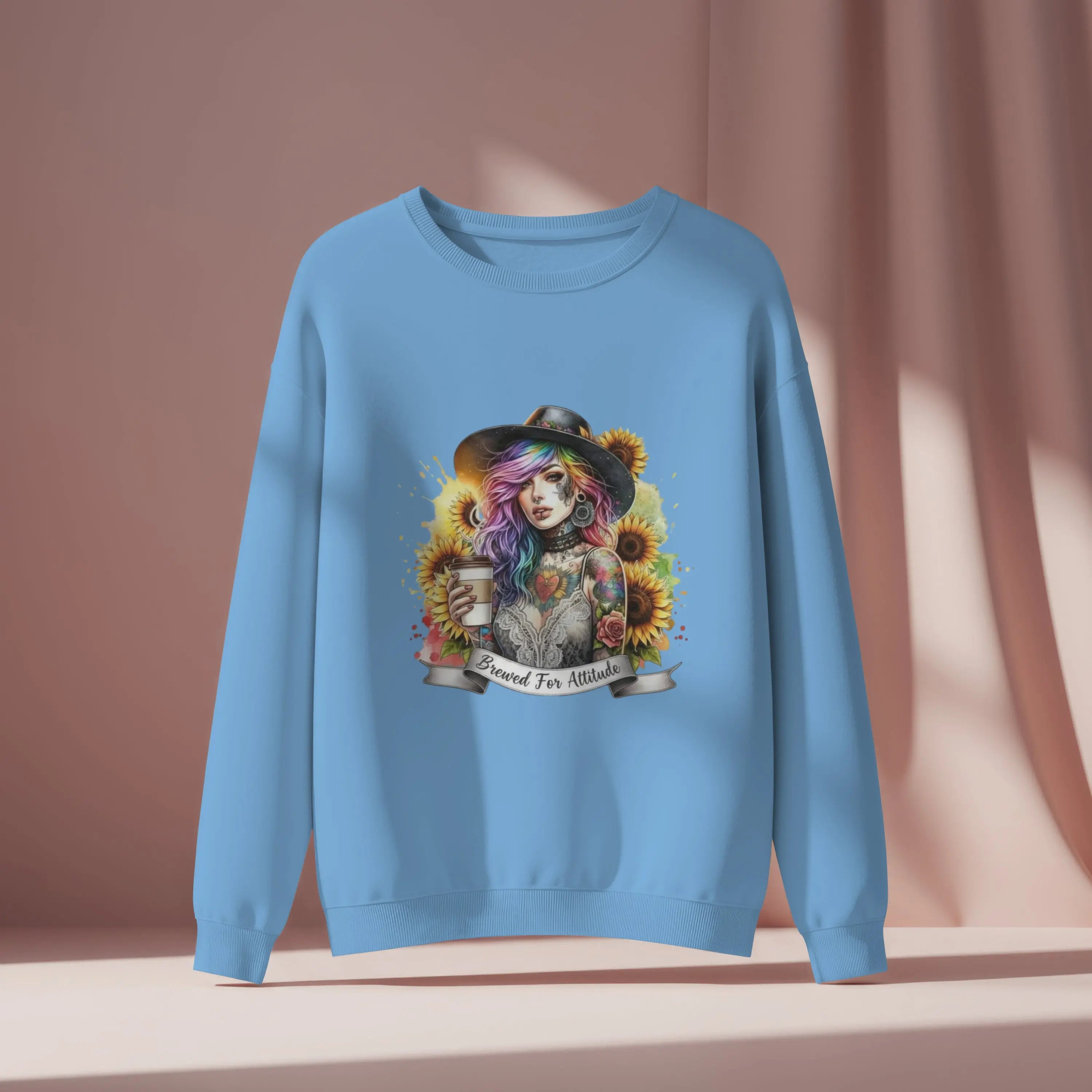 Brewed for Attitude Sunflower Sweatshirt, Cozy Unisex Crewneck, Gifts for Her, Trendy Fall Apparel, Tattoo Art Fashion Printify