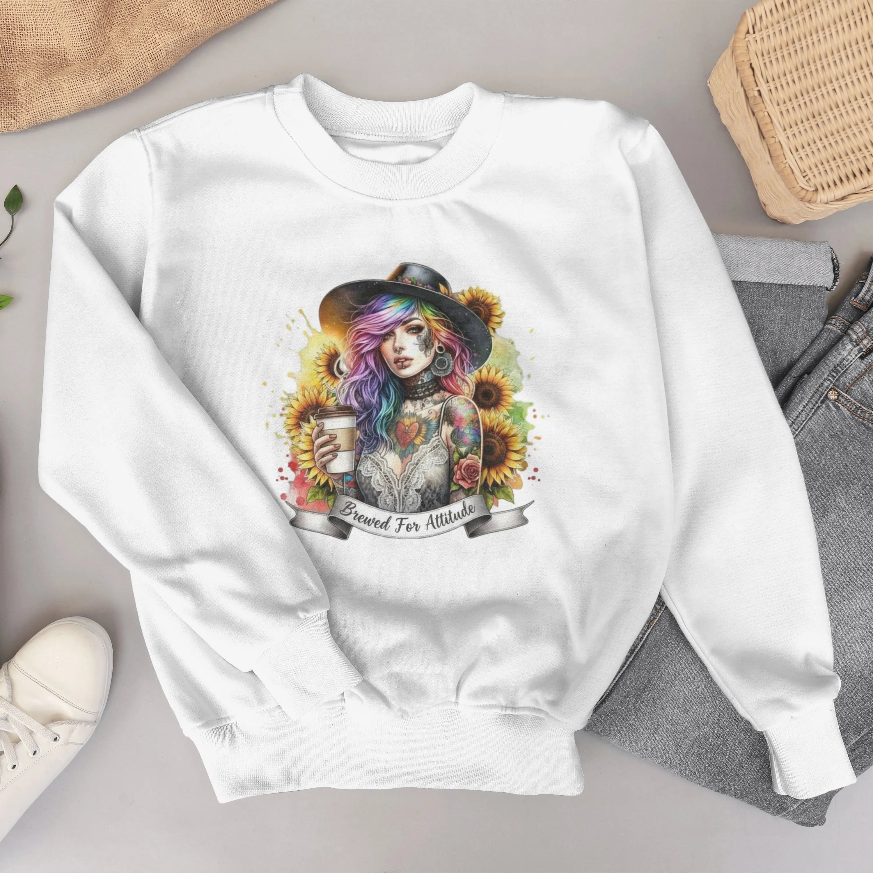 Brewed for Attitude Sunflower Sweatshirt, Cozy Unisex Crewneck, Gifts for Her, Trendy Fall Apparel, Tattoo Art Fashion Printify