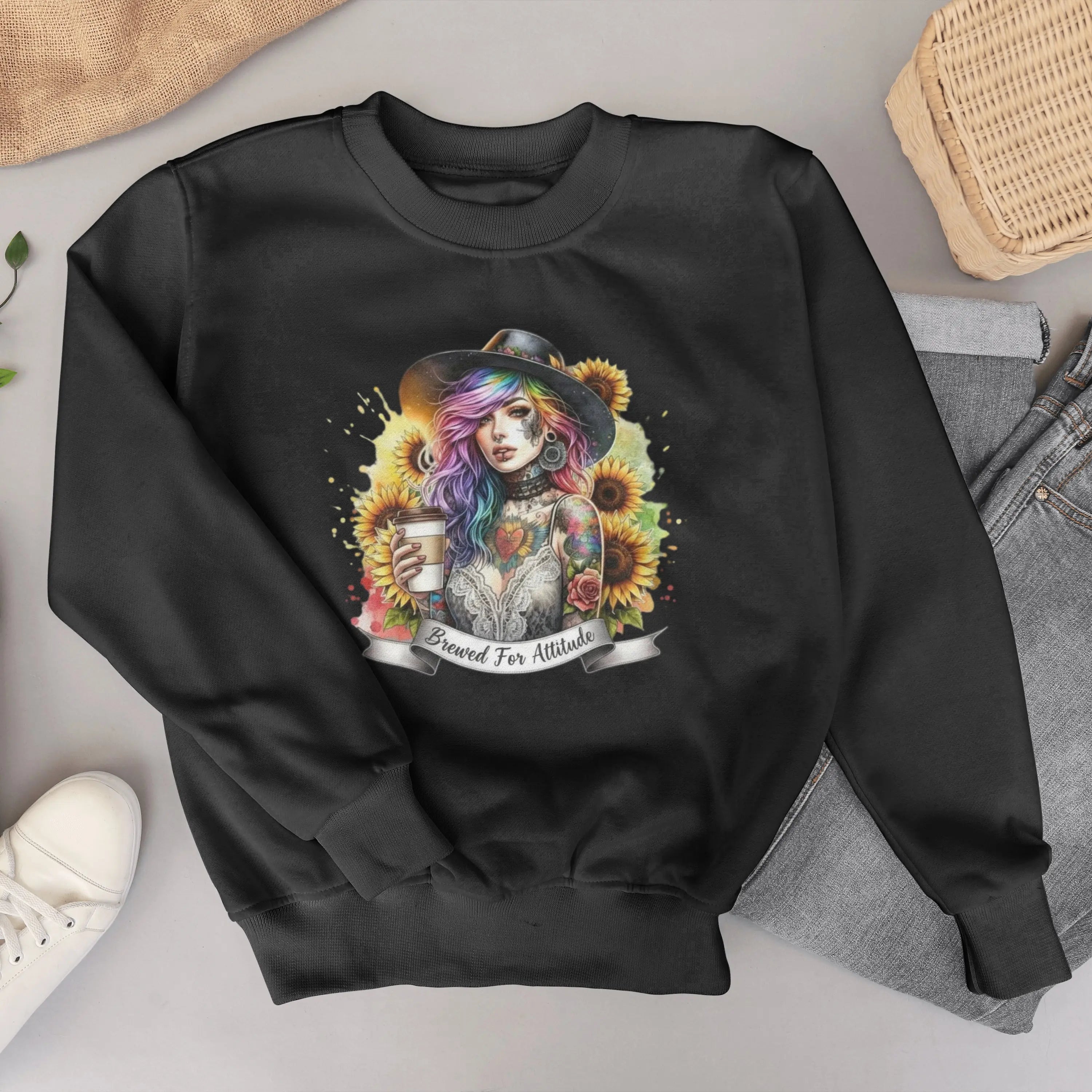Brewed for Attitude Sunflower Sweatshirt, Cozy Unisex Crewneck, Gifts for Her, Trendy Fall Apparel, Tattoo Art Fashion Printify