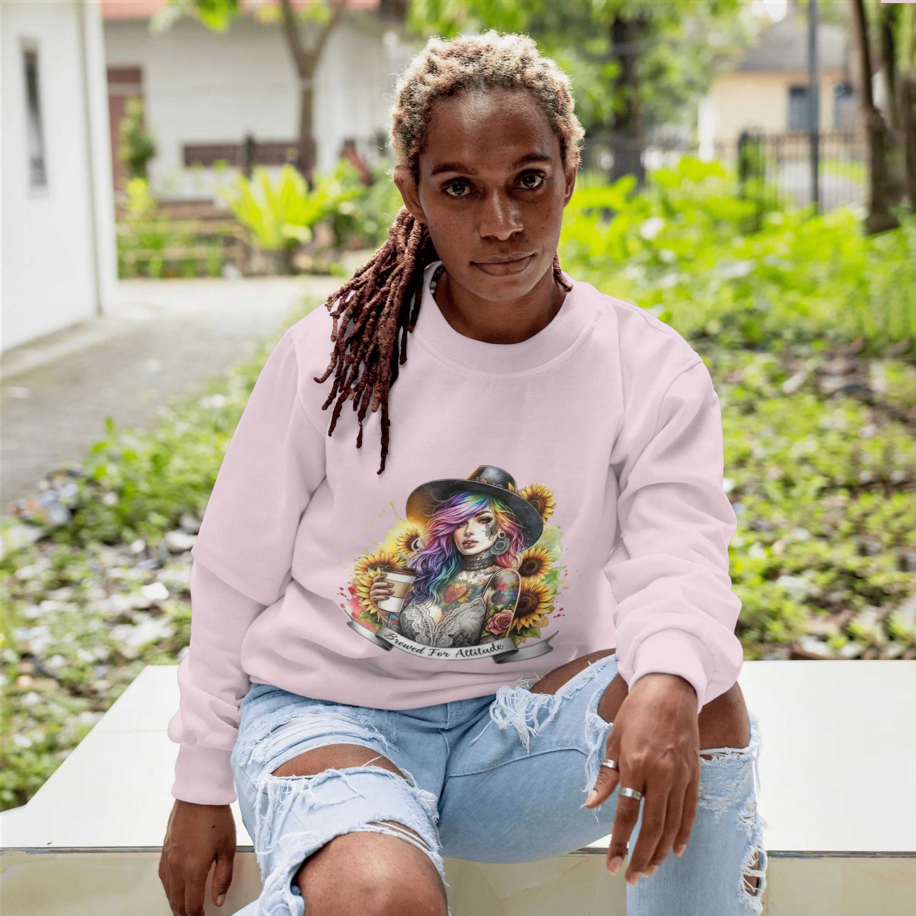 Brewed for Attitude Sunflower Sweatshirt, Cozy Unisex Crewneck, Gifts for Her, Trendy Fall Apparel, Tattoo Art Fashion Printify