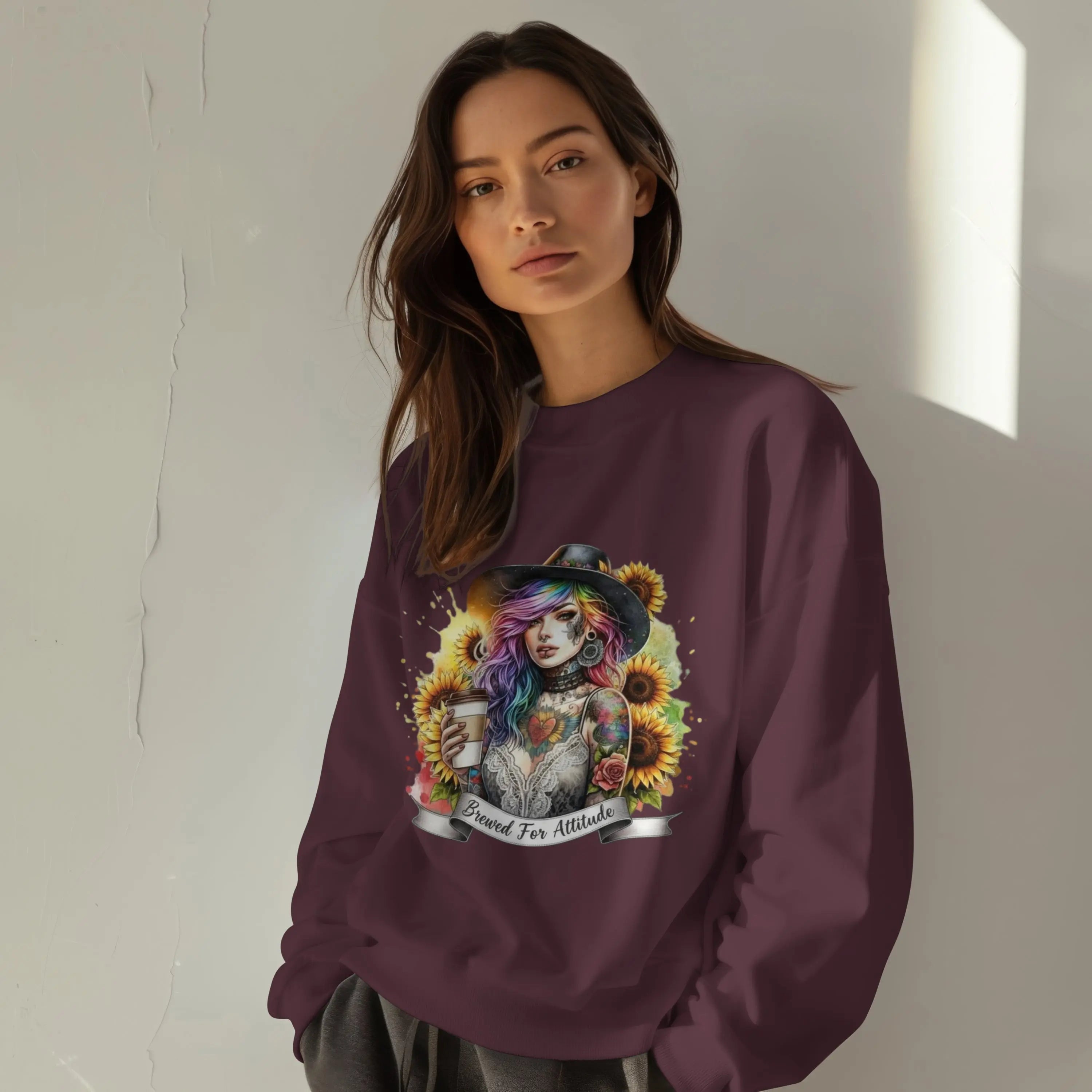 Brewed for Attitude Sunflower Sweatshirt, Cozy Unisex Crewneck, Gifts for Her, Trendy Fall Apparel, Tattoo Art Fashion Printify