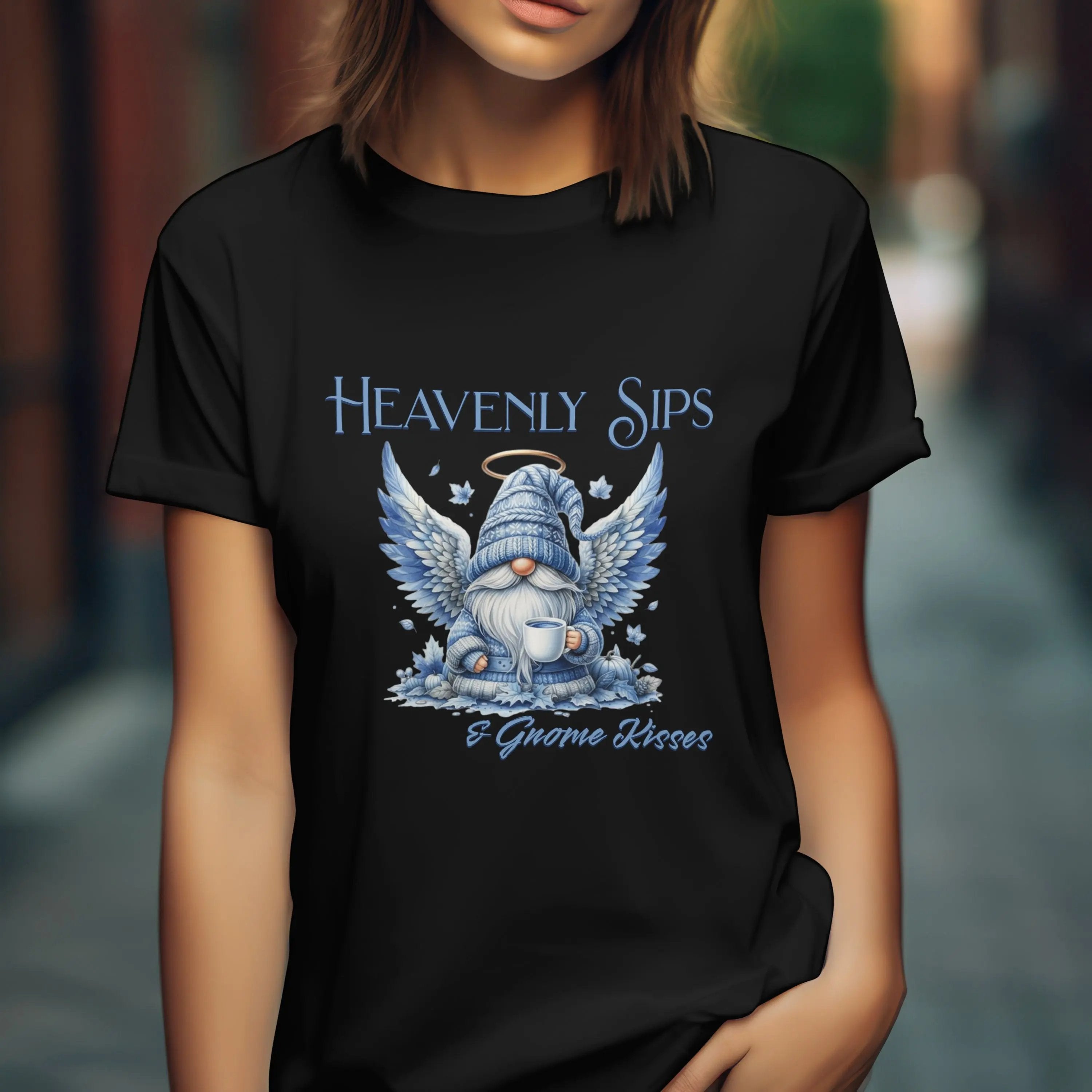 Heavenly Sips Tee, Cute Women's T-Shirt with gnome kisses, Funny Coffee Lovers Gift, Casual Everyday Wear, Cozy Winter Style, Birthday Present - Boldly Bitter Company