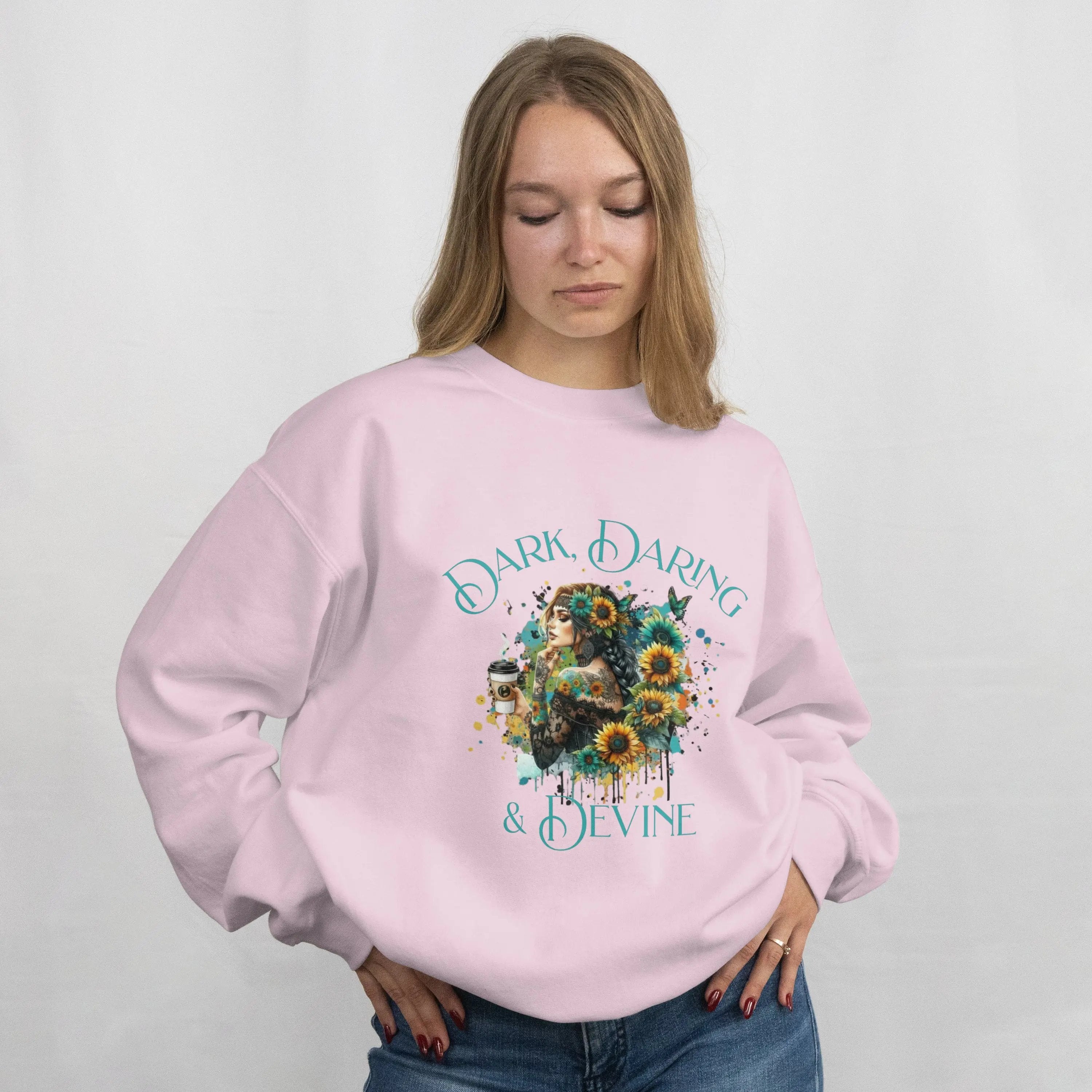 Divine Sweatshirt - Woman Sunflower Coffee Design, Cozy Casual Wear, Thoughtful Gift, Autumn Style, Floral Design - Boldly Bitter Company