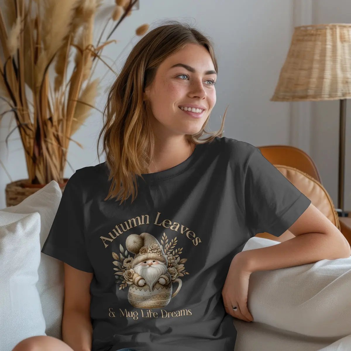Autumn Leaves Women's Softstyle Tee - Cozy gnome ina coffee cup fall vibes Printify